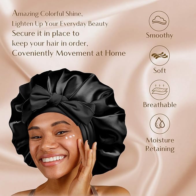 YANIBEST Silk Bonnet for Sleeping Women Satin Bonnet Double Layer Satin Lined Hair Bonnet with Tie Band Curly Hair Black