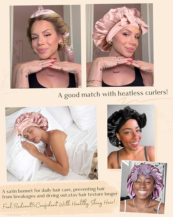 YANIBEST Silk Bonnet for Sleeping Women Satin Bonnet Double Layer Satin Lined Hair Bonnet with Tie Band Curly Hair Black