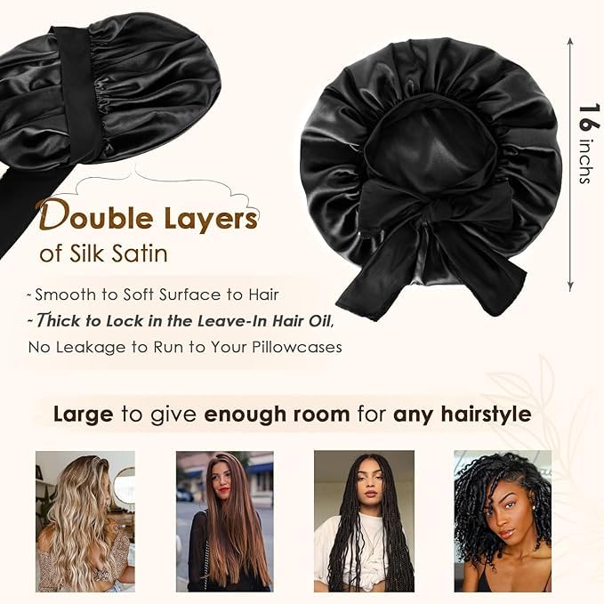 YANIBEST Silk Bonnet for Sleeping Women Satin Bonnet Double Layer Satin Lined Hair Bonnet with Tie Band Curly Hair Black