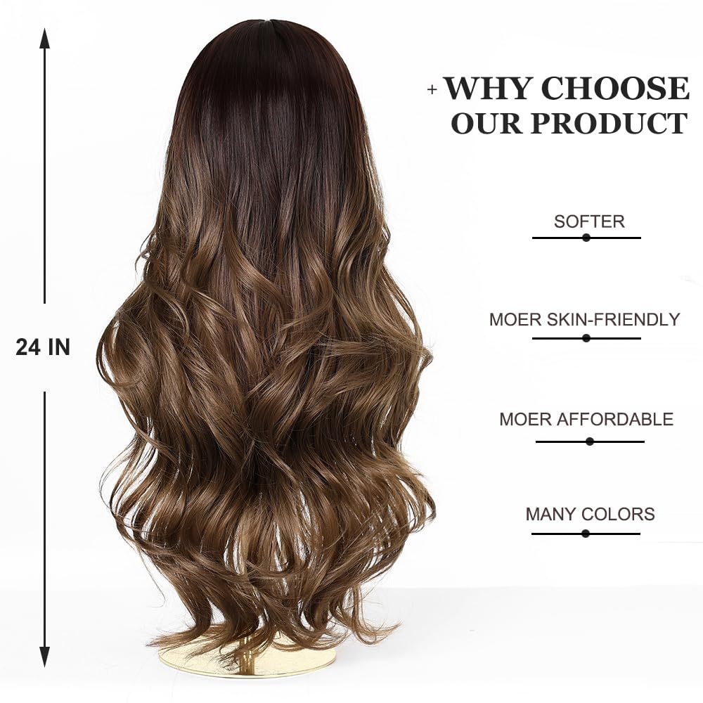 Esmee Long Wavy Brown Wigs for Women with Fringe Natural Synthetic Hair Wig for Daily & Party Use