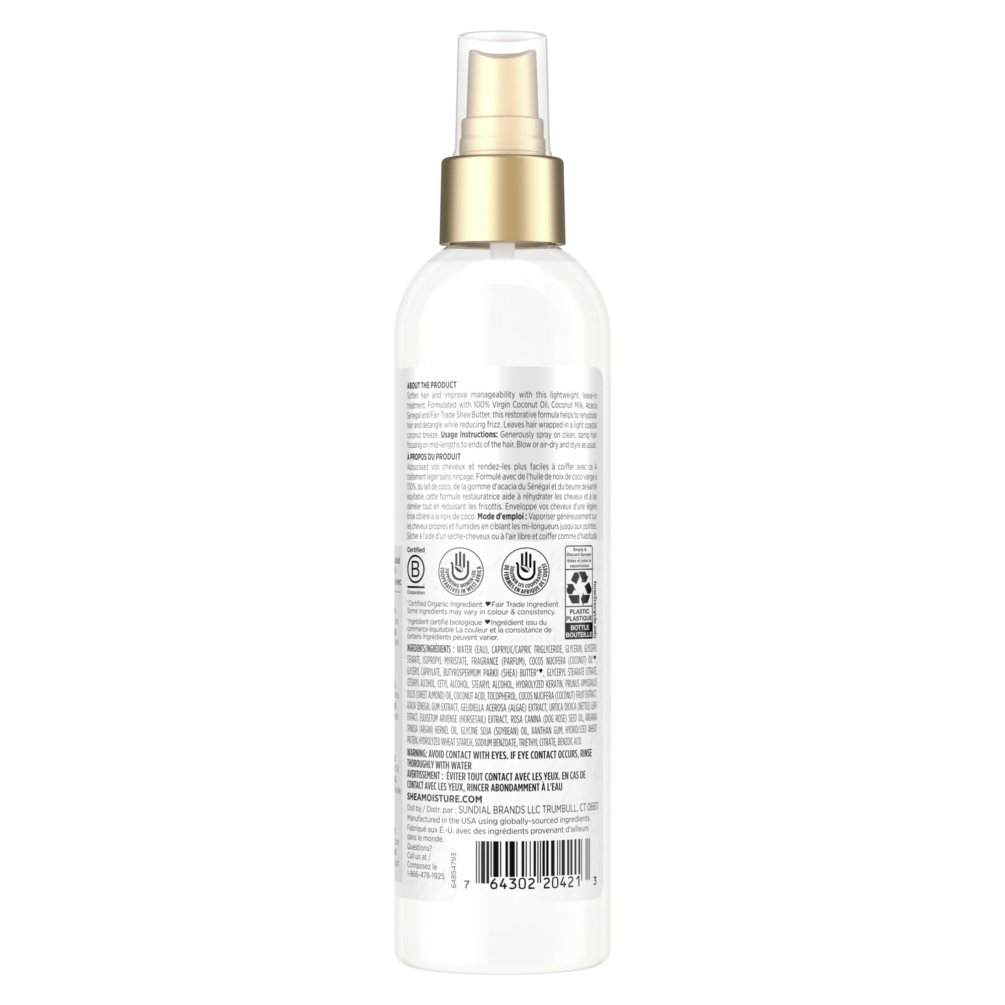 SheaMoisture Daily Hydration Leave-In Hair Treatment hair care for all hair types 100% Virgin Coconut Oil with Coconut Oil, Coconut Milk, Acacia Senegal 237mL