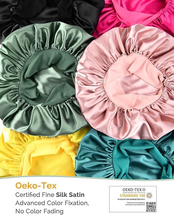 YANIBEST Silk Bonnet for Sleeping Women Satin Bonnet Double Layer Satin Lined Hair Bonnet with Tie Band Curly Hair Black