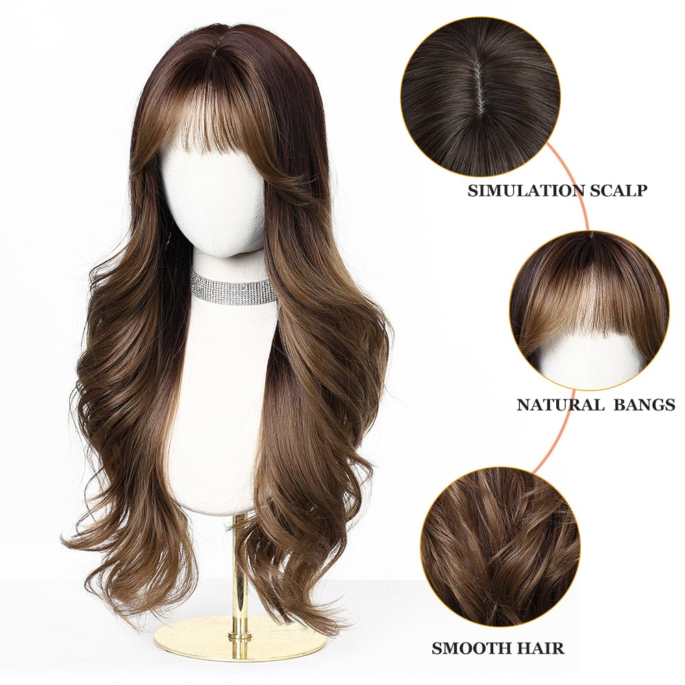 Esmee Long Wavy Brown Wigs for Women with Fringe Natural Synthetic Hair Wig for Daily & Party Use