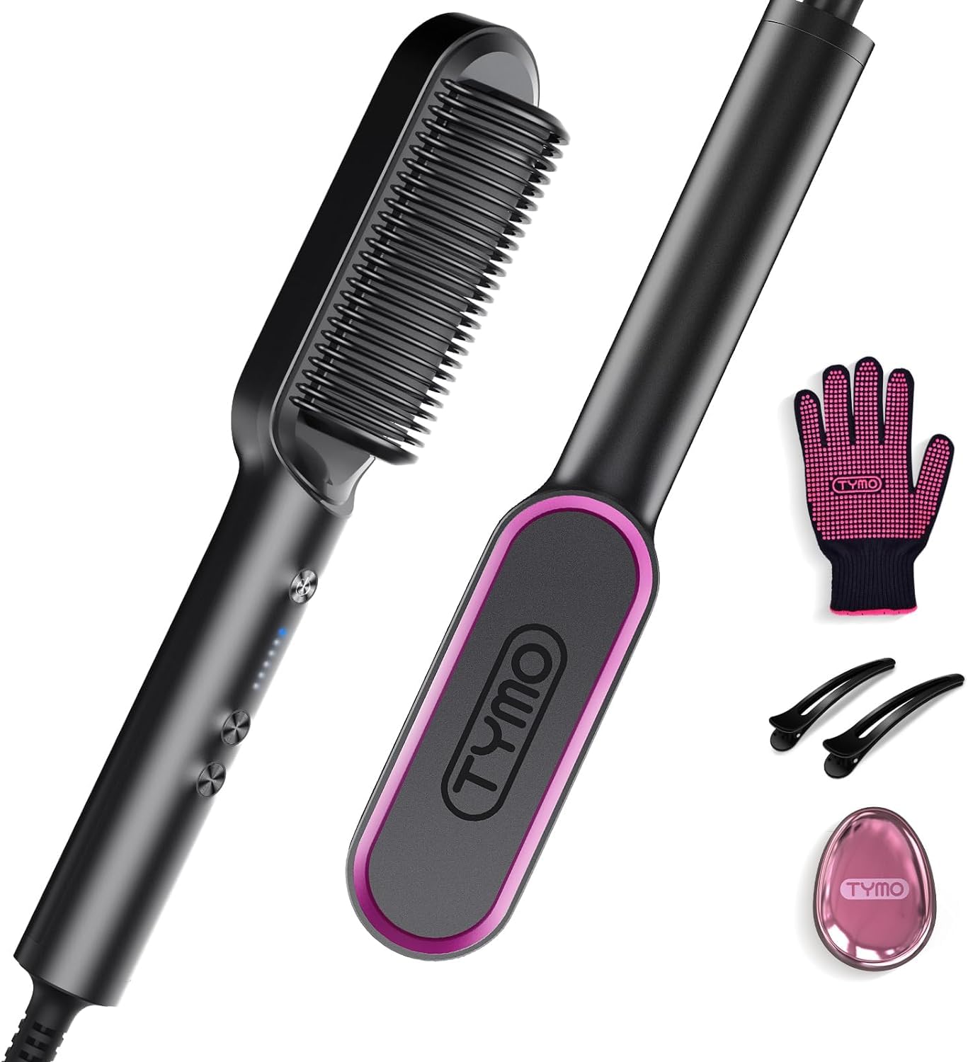 TYMO Hair Straightener Brush, Flat Iron & Brush 2 in 1 for Straightening Hair, Anti-Scald Hot Comb, 5 Temp for All Hair Types (130℃~210℃), Finish with Smooth, Shiny,TYMO RING Matte Black