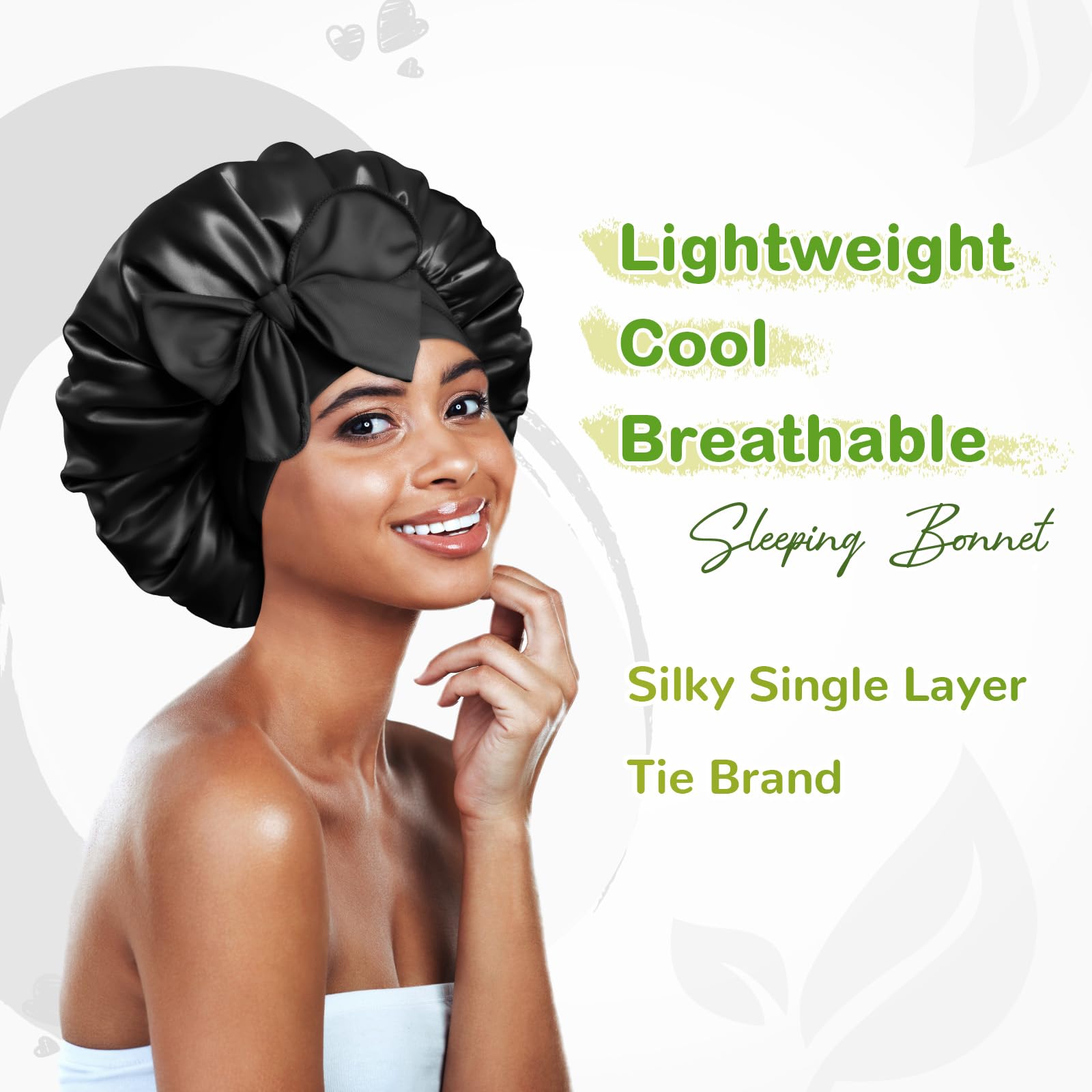 BONNET QUEEN Silk Bonnet for Sleeping Women Satin Bonnet Night Sleep Cap Scarf Wrap for Curly Hair with Tie Band,Black