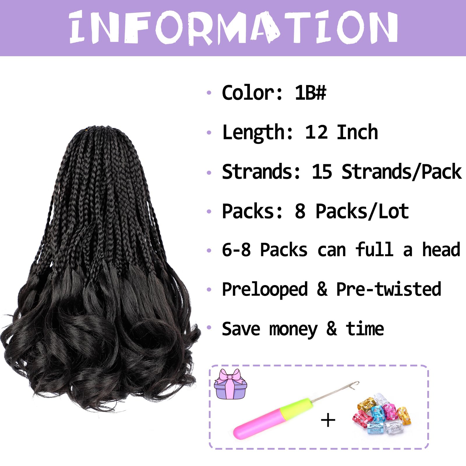 French Curl Crochet Braids 12 Inch Goddess Box Braids Crochet Hair 8 Packs Pre Looped Crochet Box Braids with Curly Ends Synthetic French Curly Braiding Hair Extensions 1B#