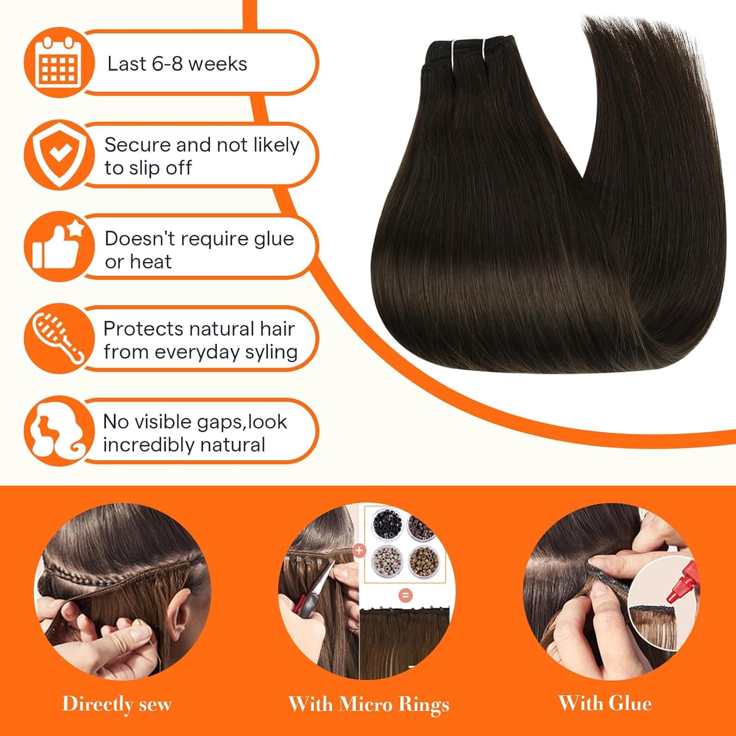 Full Shine Hair Extensions Sew in Double Weft Remy Human Hair Extensions Color 2 Darkest Brown Hair Bundles for Women 18 Inch