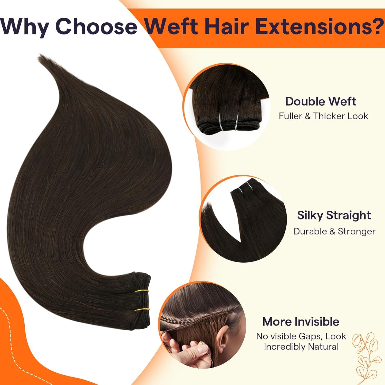 Full Shine Hair Extensions Sew in Double Weft Remy Human Hair Extensions Color 2 Darkest Brown Hair Bundles for Women 18 Inch