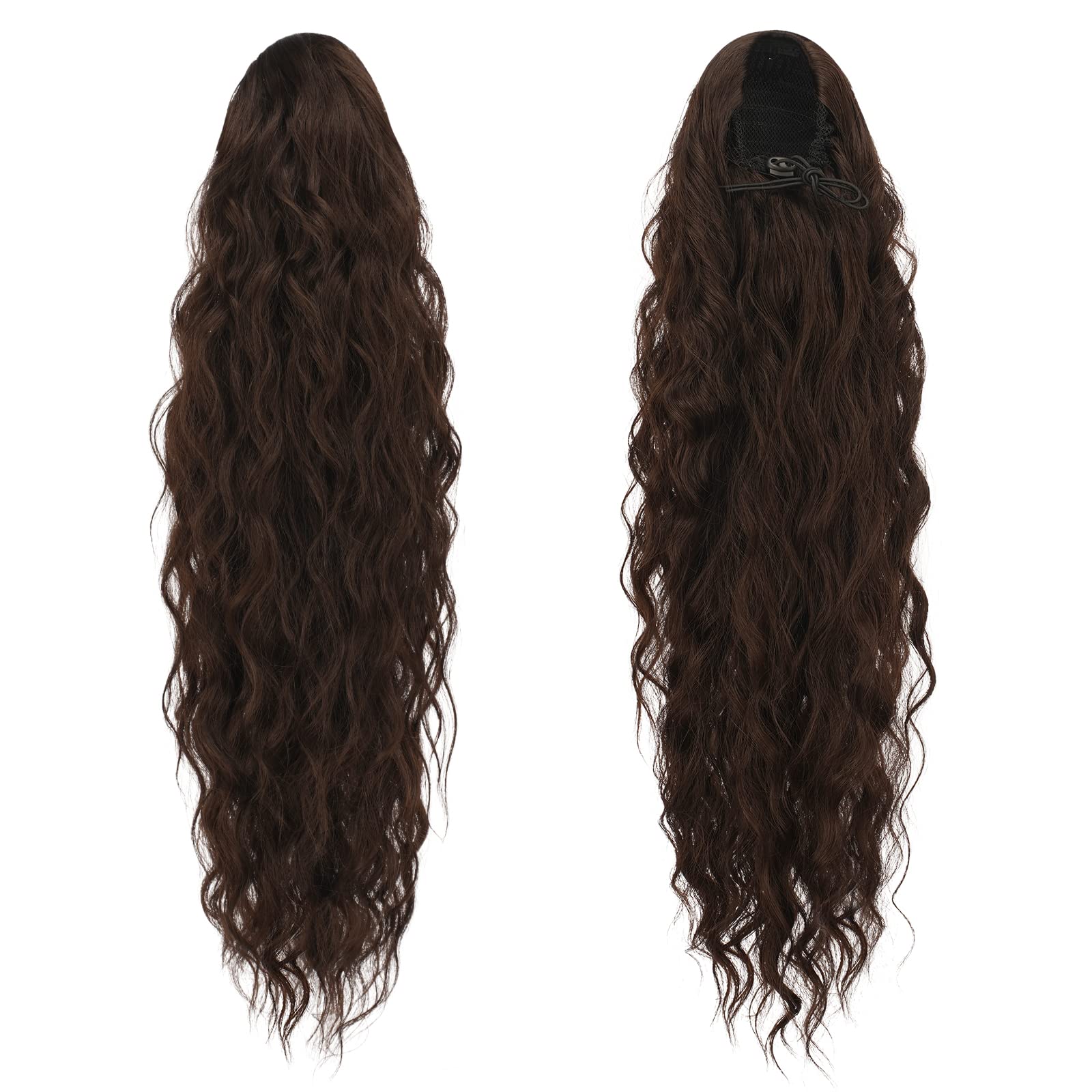 FESHFEN Long Ponytail Extensions, Drawstring Clip in Curly Wavy Hairpieces Synthetic Ponytails Hair Piece Pony Tail Extension for Women, Dark Brown 26 inch
