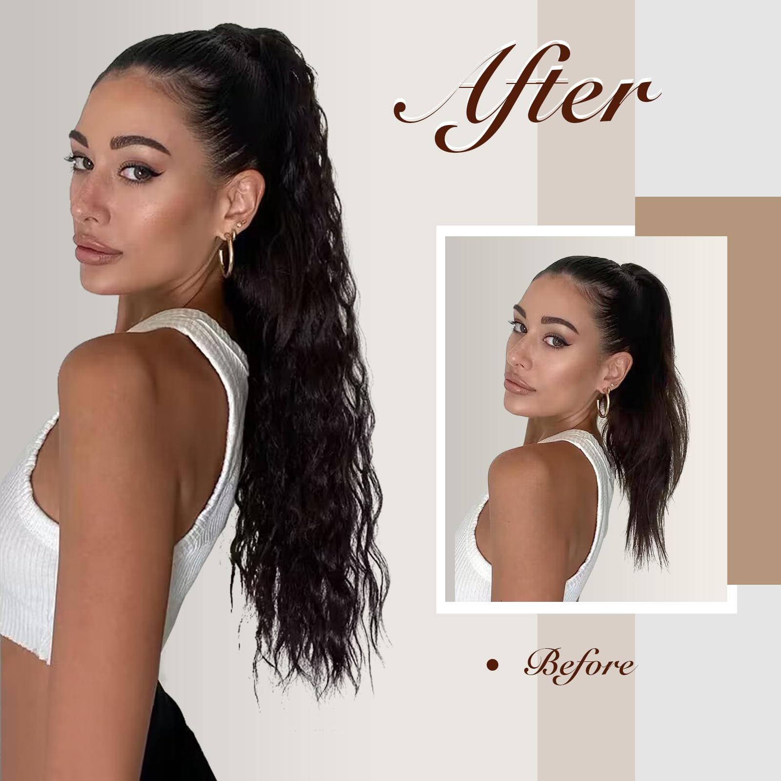FESHFEN Long Ponytail Extensions, Drawstring Clip in Curly Wavy Hairpieces Synthetic Ponytails Hair Piece Pony Tail Extension for Women, Dark Brown 26 inch