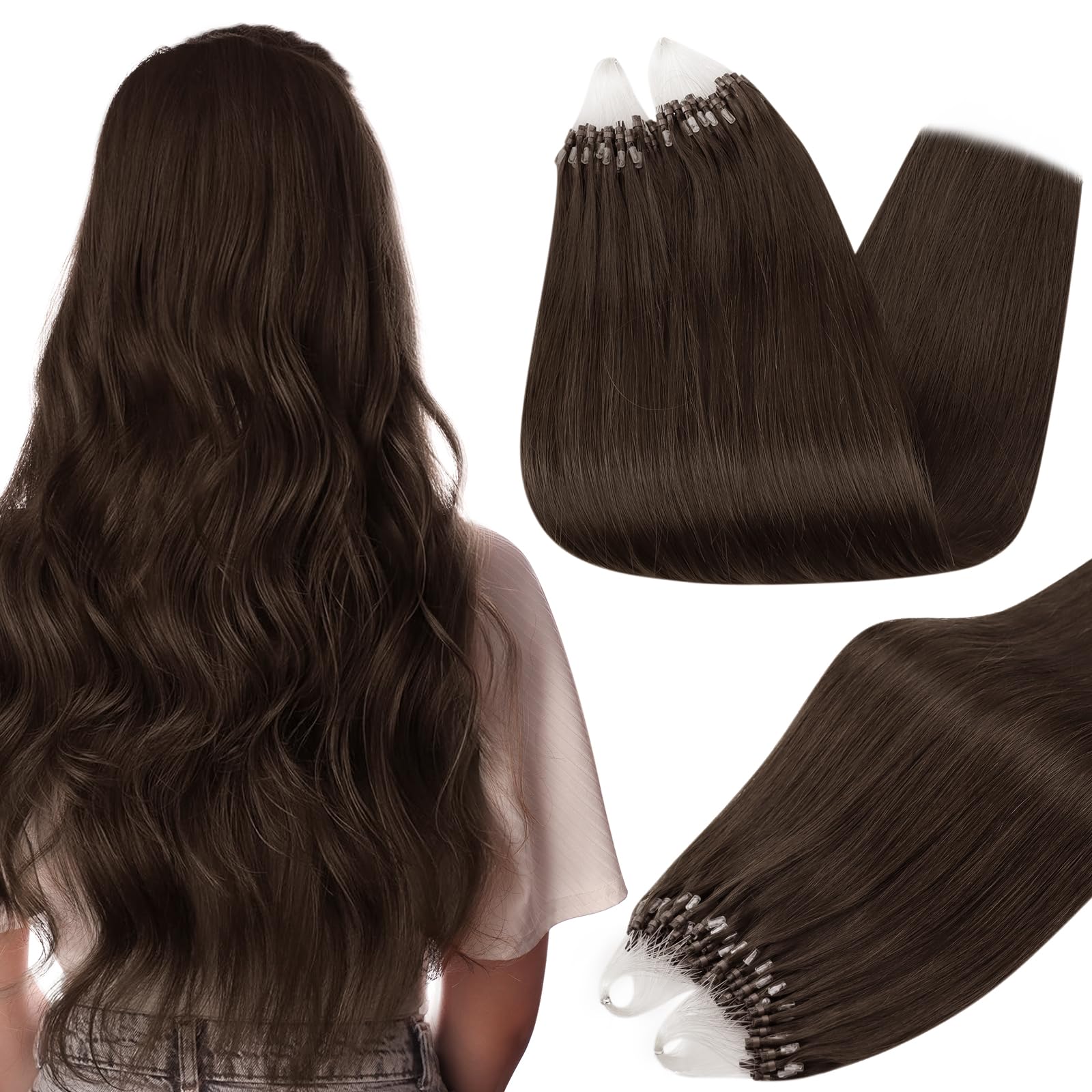 Full Shine Micro Link Brown Hair Extensions Human Hair 18 Inch Micro Loop Hair Extensions for Women Color 2 Silky Straight Human Hair Extensions 50 Strands