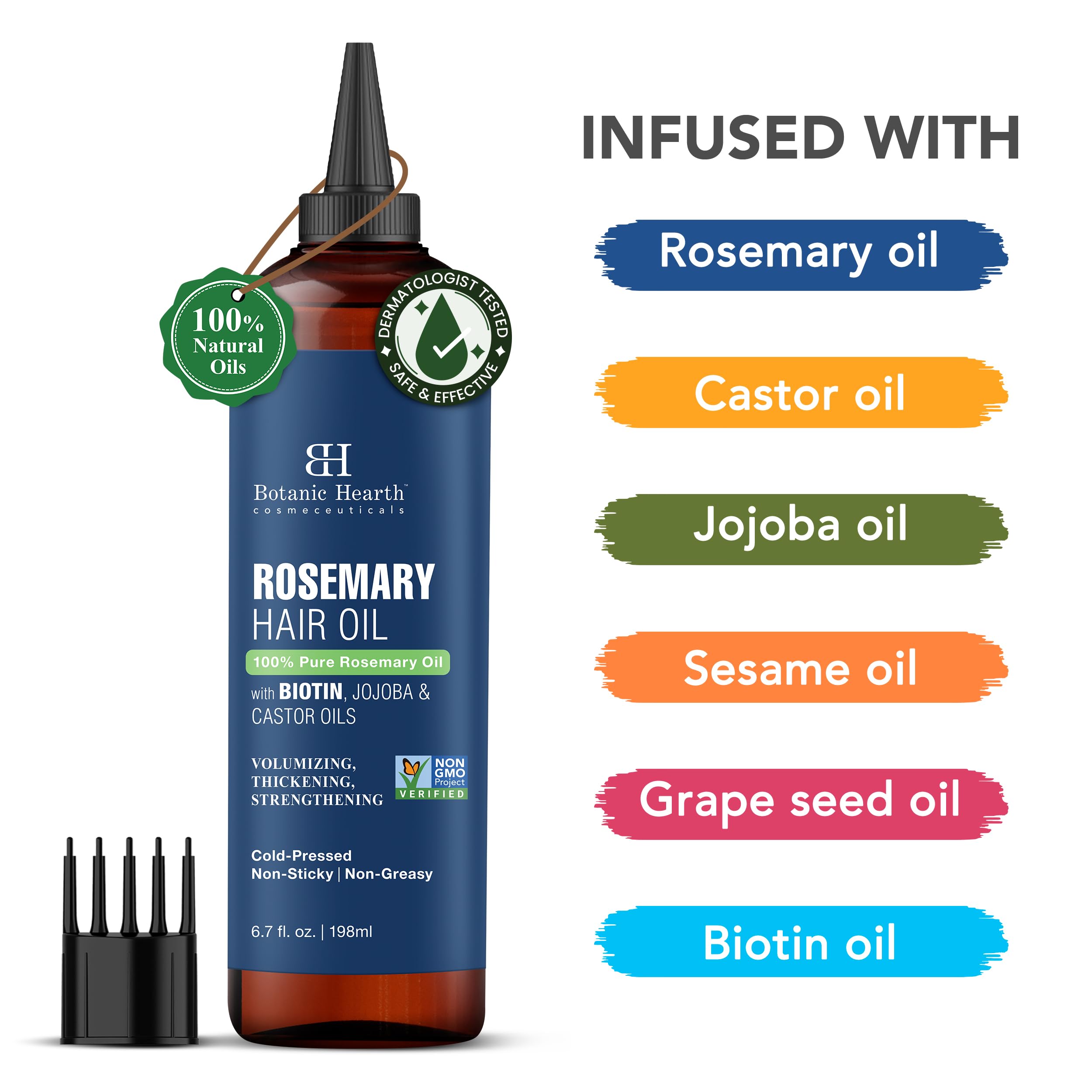 Botanic Hearth 100% Pure Rosemary Oil For Hair Growth (6.7 fl oz) Infused With Biotin, Jojoba & Castor Oil | Hair strengthening Treatment | Nourishing & Volumizing | Non GMO Verified