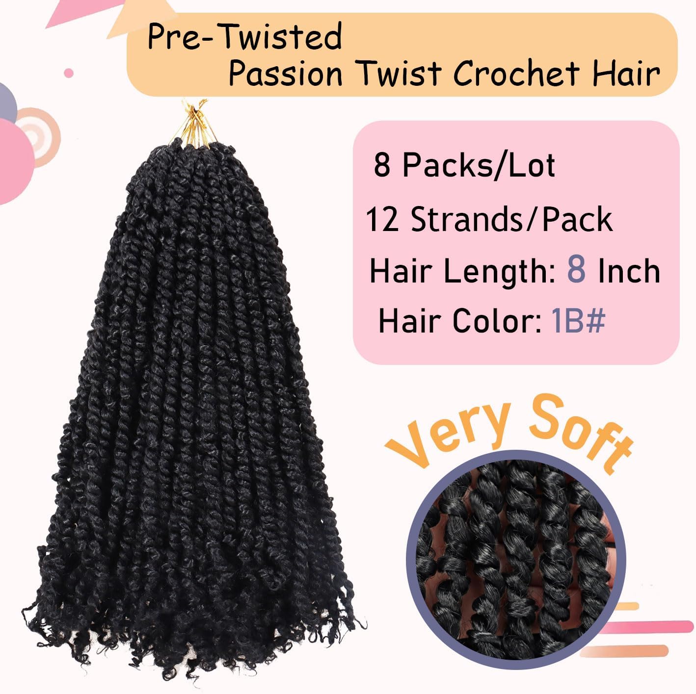LOSMOEER 8Packs Passion Twist Hair Pre-twisted Passion Twist Crochet Hair Pre-looped Crochet Braids Hair for Women Passion Twists Braiding Hair Synthetic Hair Extensions