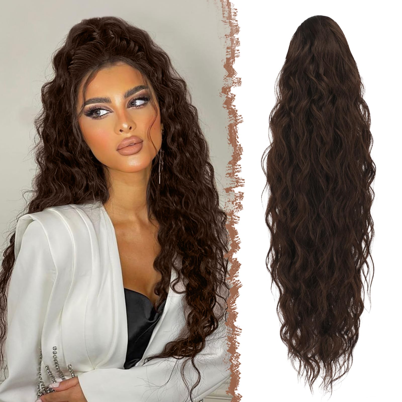 FESHFEN Long Ponytail Extensions, Drawstring Clip in Curly Wavy Hairpieces Synthetic Ponytails Hair Piece Pony Tail Extension for Women, Dark Brown 26 inch