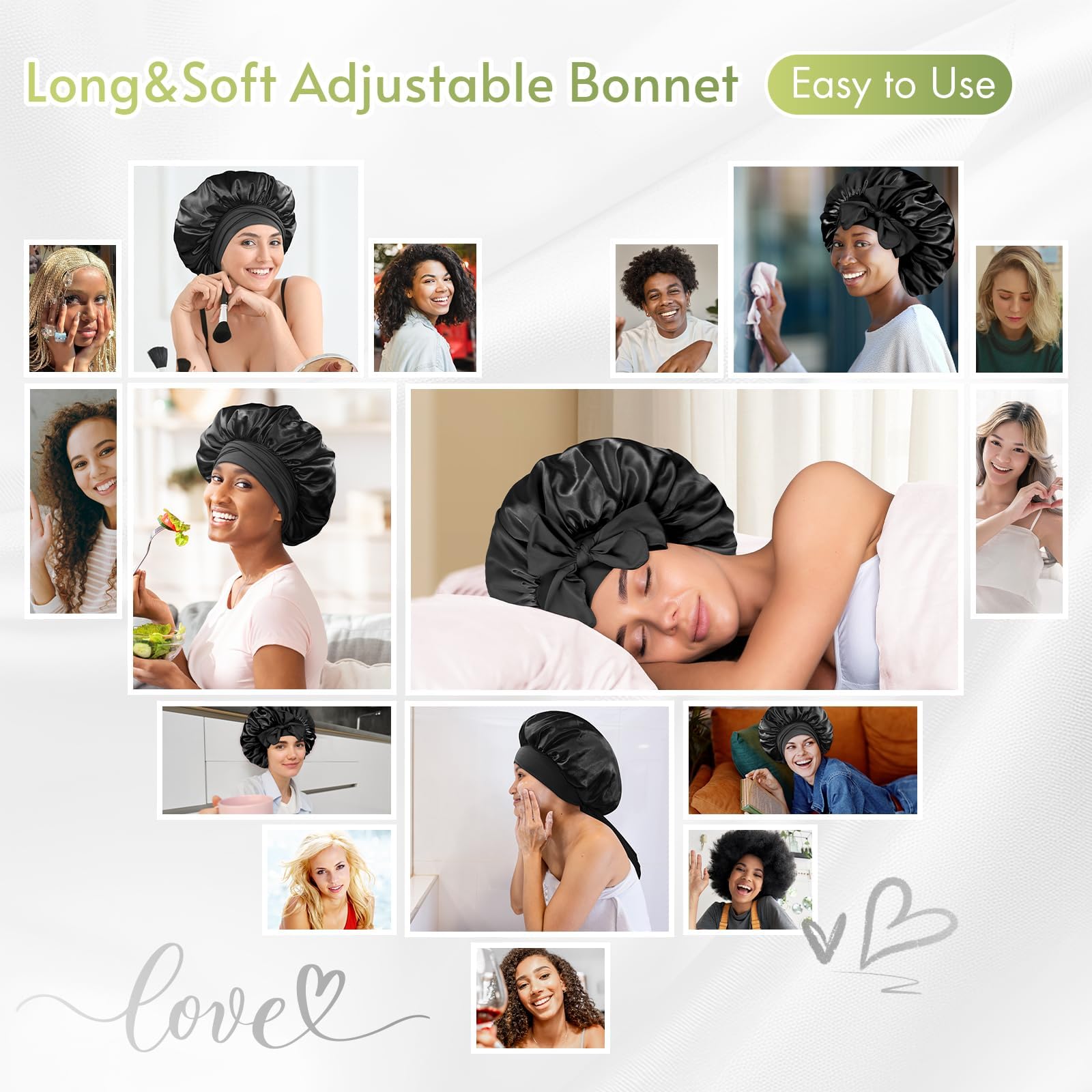 BONNET QUEEN Silk Bonnet for Sleeping Women Satin Bonnet Night Sleep Cap Scarf Wrap for Curly Hair with Tie Band,Black