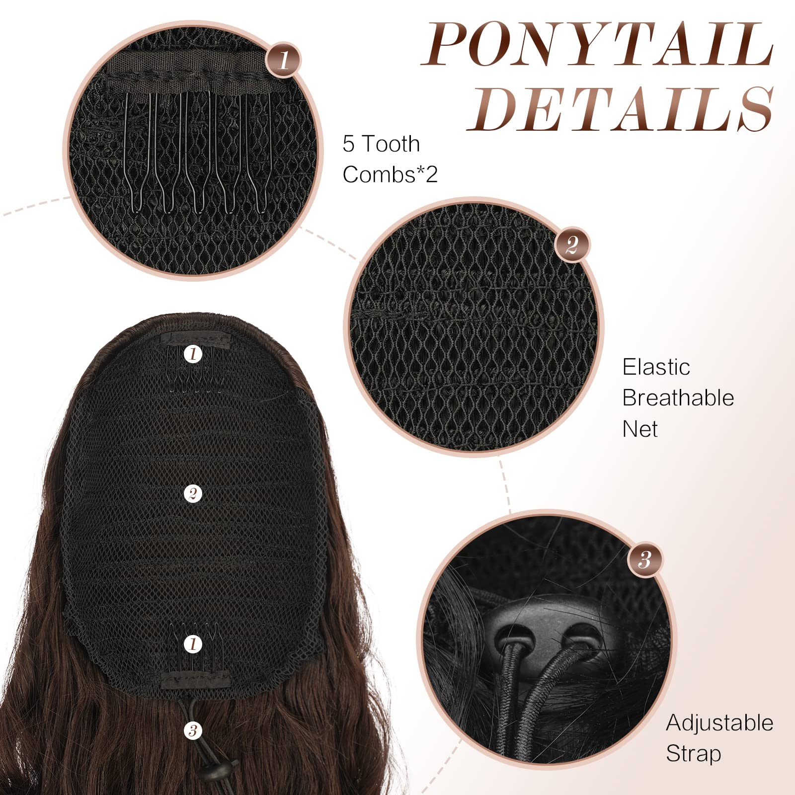 FESHFEN Long Ponytail Extensions, Drawstring Clip in Curly Wavy Hairpieces Synthetic Ponytails Hair Piece Pony Tail Extension for Women, Dark Brown 26 inch
