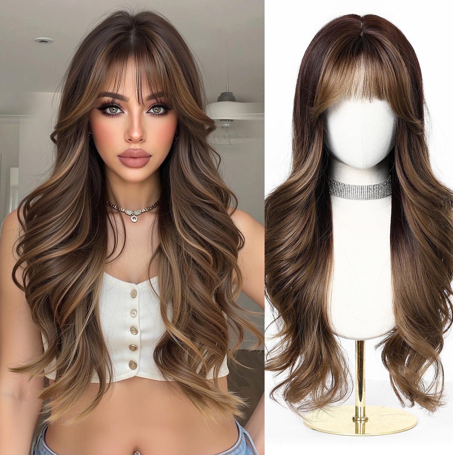 Esmee Long Wavy Brown Wigs for Women with Fringe Natural Synthetic Hair Wig for Daily & Party Use