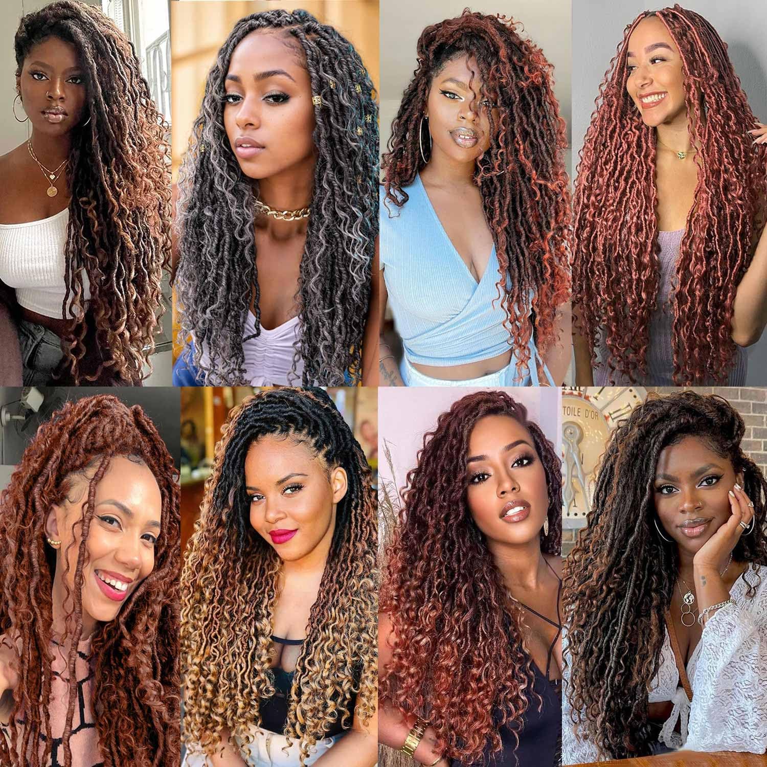 Xtrend 8packs Boho Faux Locs Crochet Hair Pre-Looped Messy River Bohemian Goddess Locs Hair Wavy Crochet Braids With Curly Hair In Middle And Ends 14Strands/pack (TBUG# 18Inch)