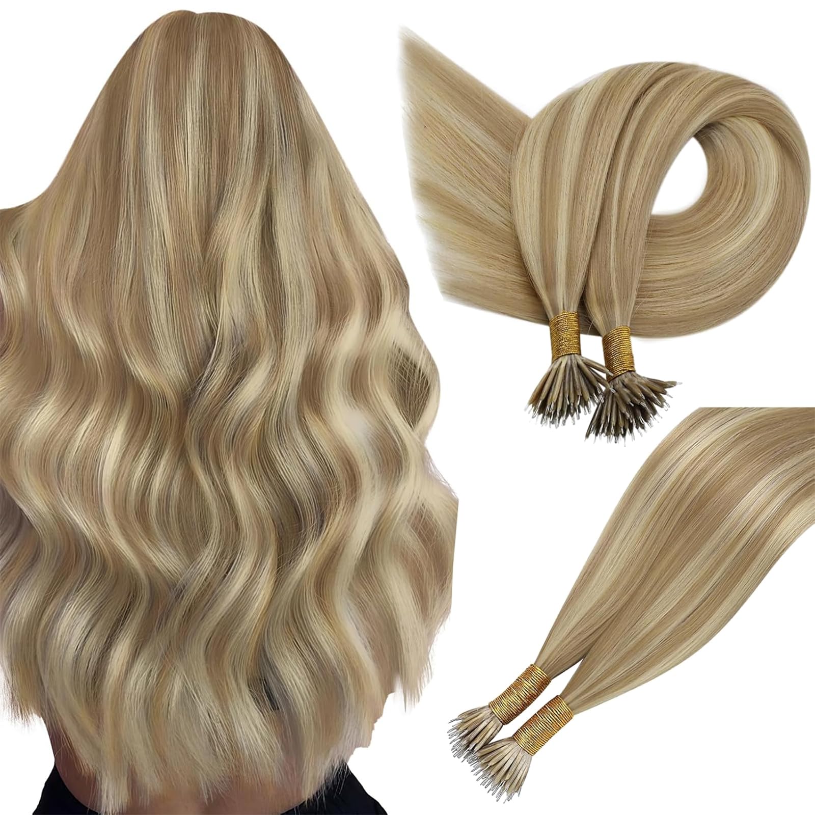 Easyouth Nano Beads Hair Extensions Blonde Highlight 18 Inch Straight Nano Beads Extensions Dark Ash Blonde Highlights Golden Blonde Bead Hair Extensions Real Hair Natural Shine 50g/50s