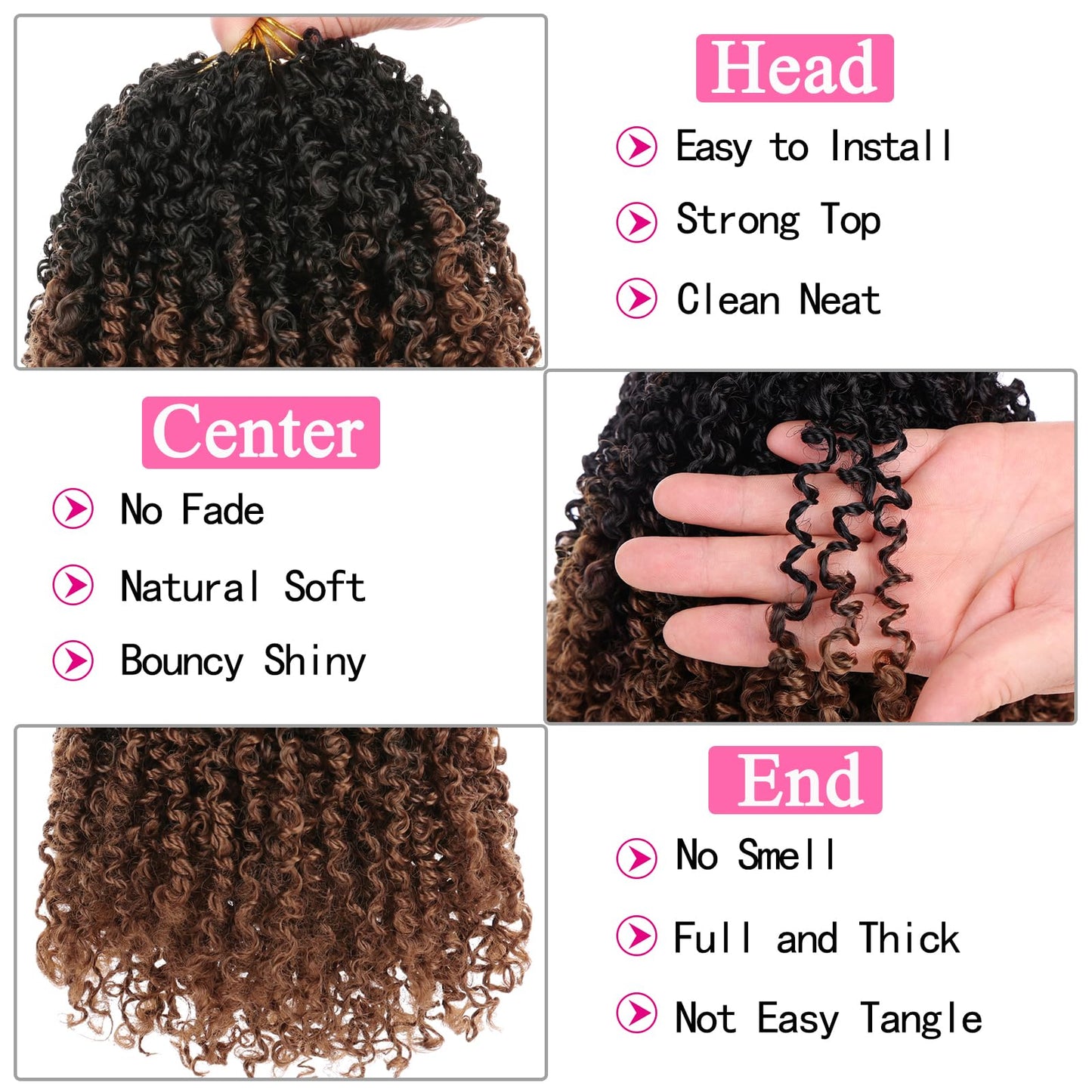 Leeven 8 Packs Pre-looped Yanky Twists Crochet Braids 8 Inch Ombre Brown Bohemian Crochet Hair with Curls Synthetic Marlybob Crochet Braids Hair Extensions for Women 1B30#