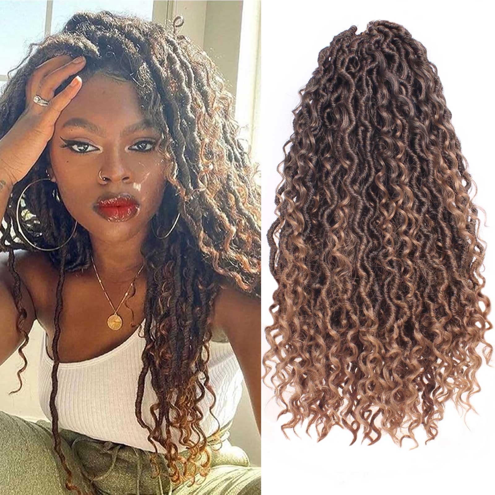Xtrend 8 Packs 14Strands/pack River Boho Goddess Locs Crochet Hair With Curly Hair In Middle And Ends Pre-Looped Crochet Braids Messy Bohemian Fuax Locs Hair Extensions (T27# 14Inch)