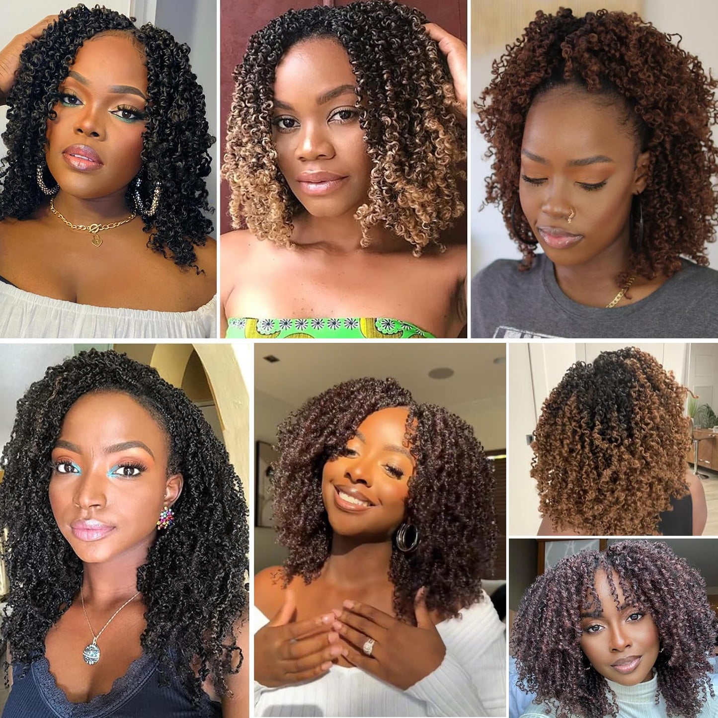 Leeven 8 Packs Pre-looped Yanky Twists Crochet Braids 8 Inch Ombre Brown Bohemian Crochet Hair with Curls Synthetic Marlybob Crochet Braids Hair Extensions for Women 1B30#