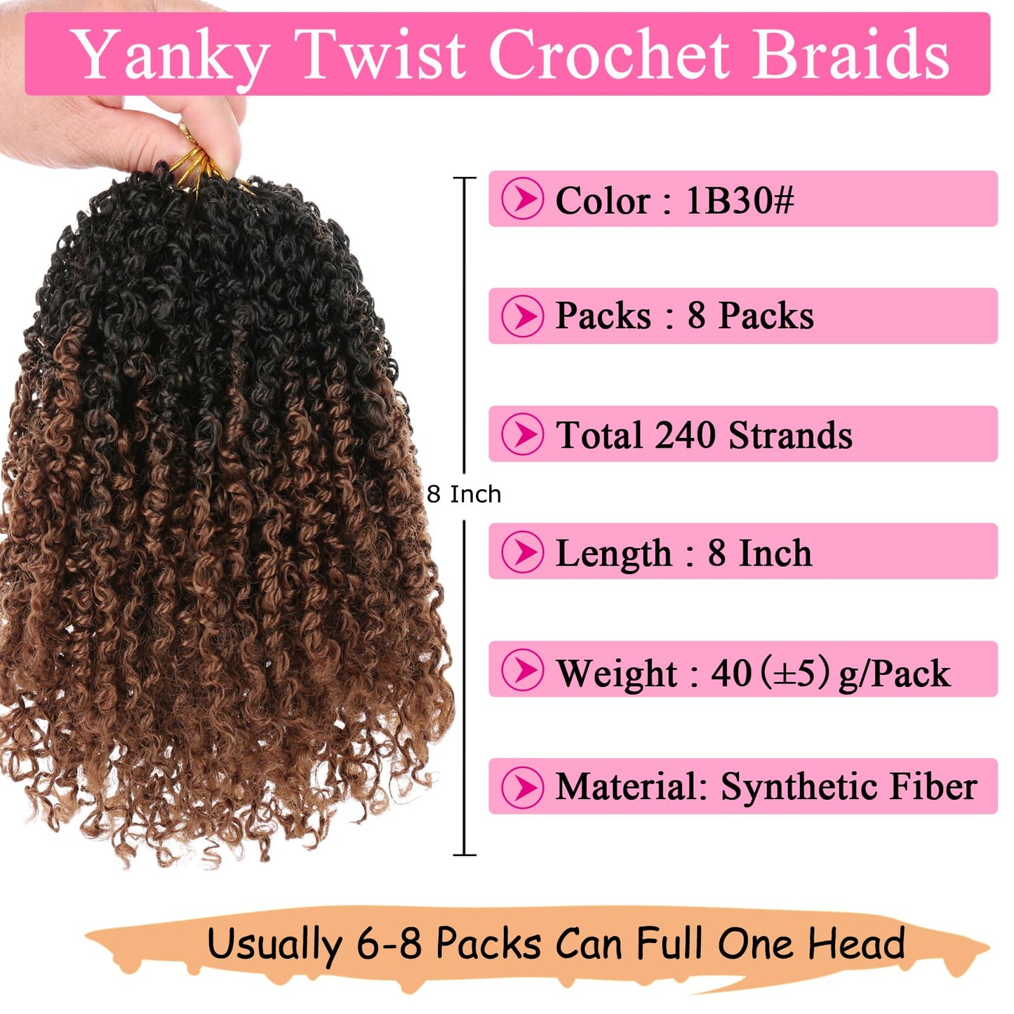 Leeven 8 Packs Pre-looped Yanky Twists Crochet Braids 8 Inch Ombre Brown Bohemian Crochet Hair with Curls Synthetic Marlybob Crochet Braids Hair Extensions for Women 1B30#