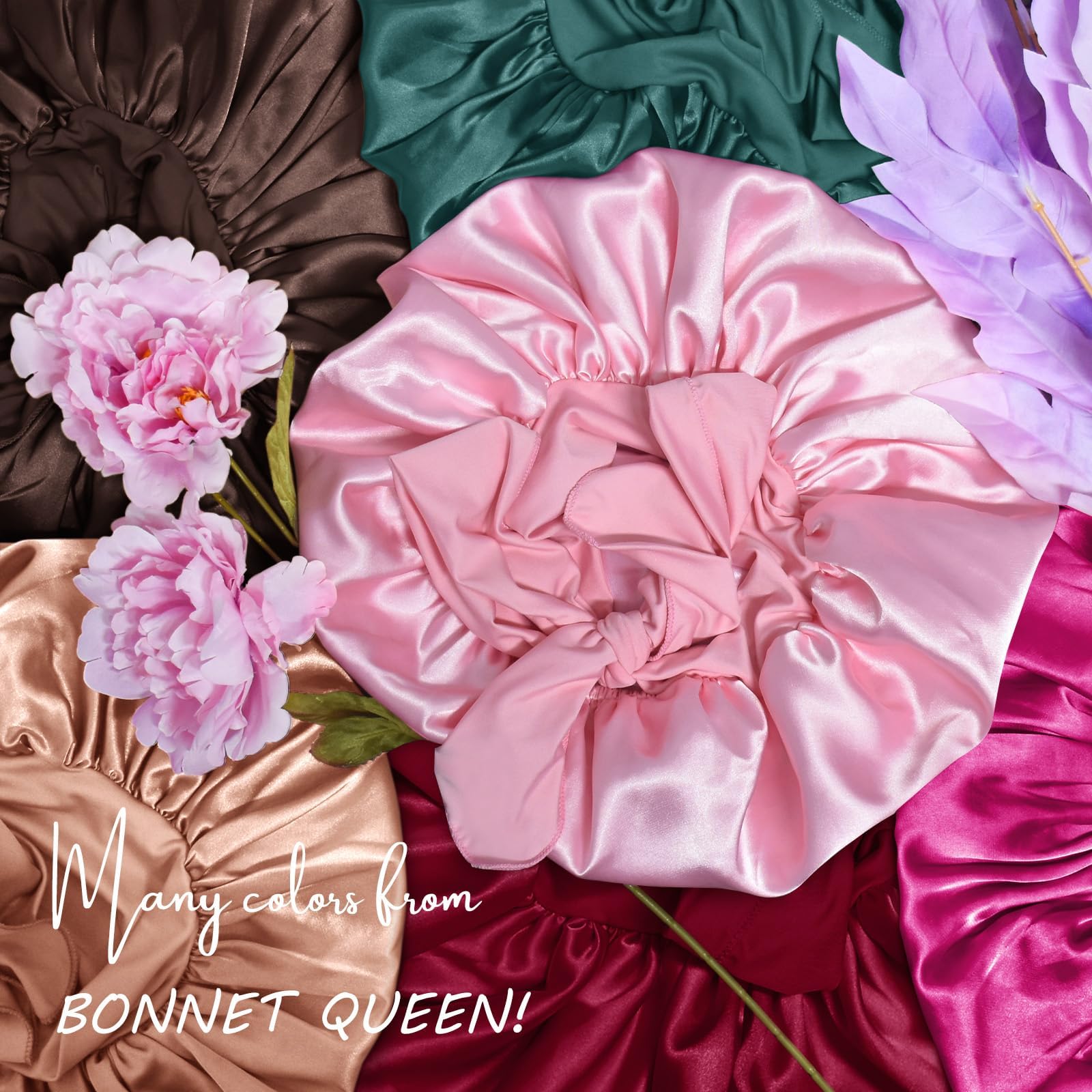 BONNET QUEEN Silk Bonnet for Sleeping Women Satin Bonnet Night Sleep Cap Scarf Wrap for Curly Hair with Tie Band,Black