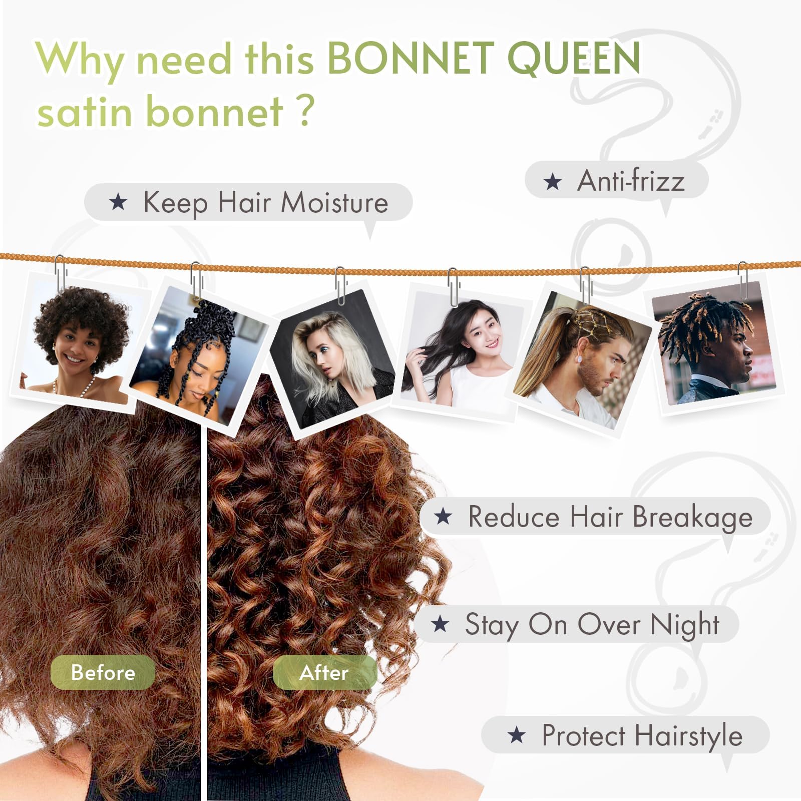 BONNET QUEEN Silk Bonnet for Sleeping Women Satin Bonnet Night Sleep Cap Scarf Wrap for Curly Hair with Tie Band,Black