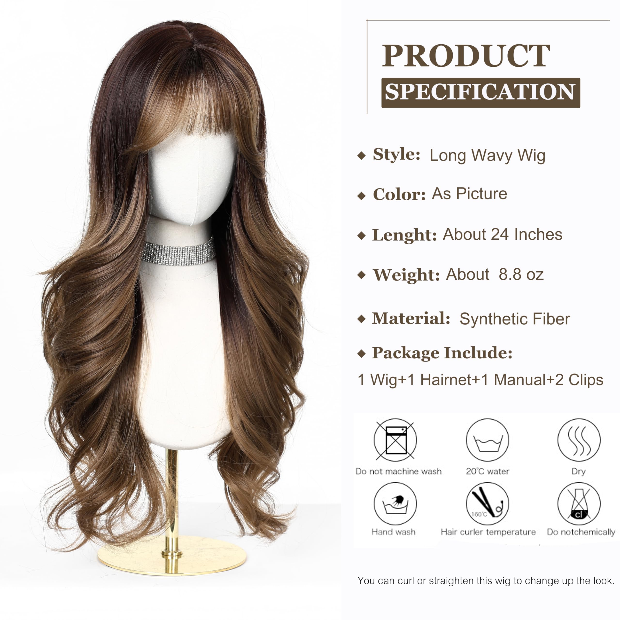 Esmee Long Wavy Brown Wigs for Women with Fringe Natural Synthetic Hair Wig for Daily & Party Use