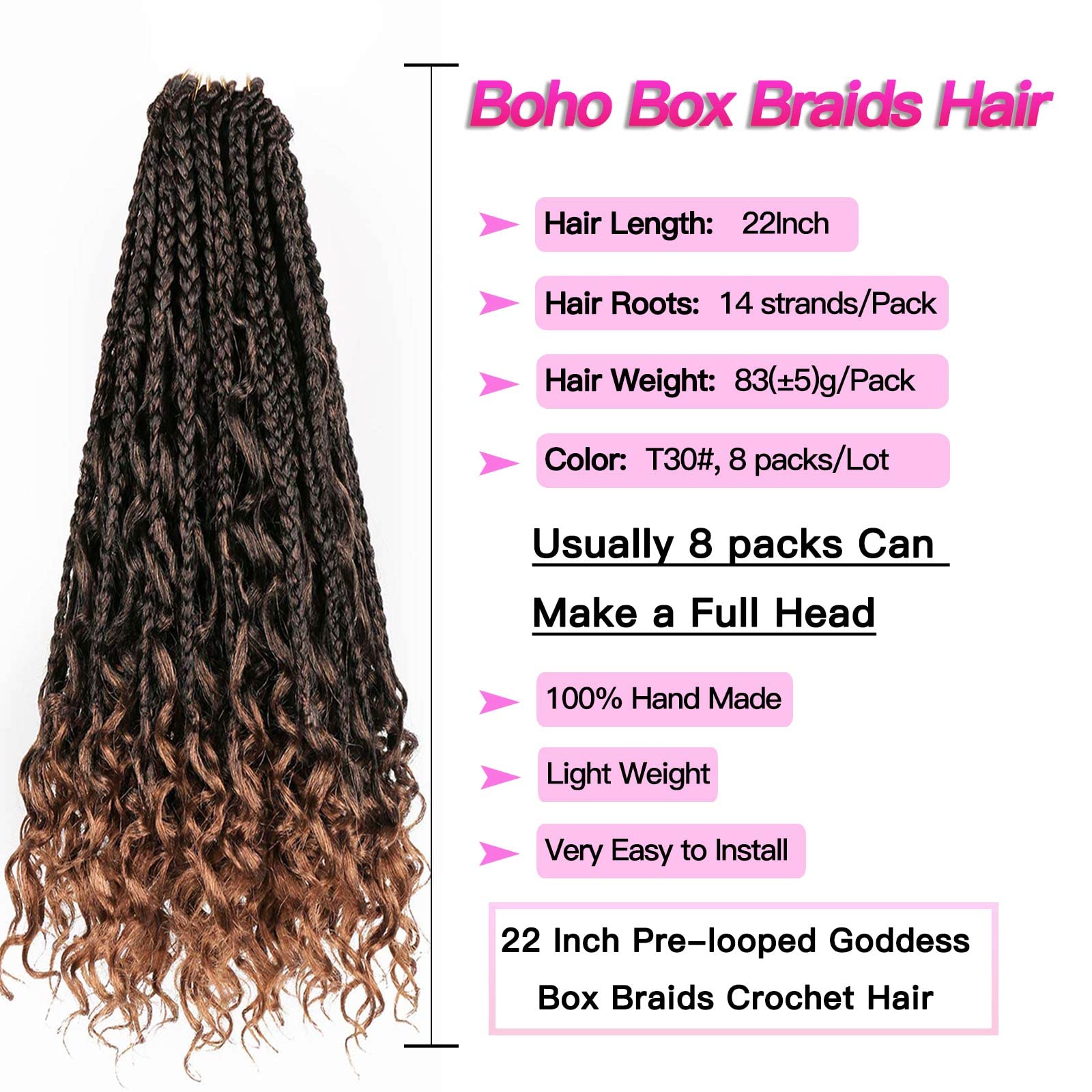 22 Inch Goddess Box Braids Crochet Hair 8 Packs Boho Box Braids Crochet Synthetic Hair Pre-looped Messy Bohemian Box Braids Hair Extensions for Black Women (22Inch,T30)