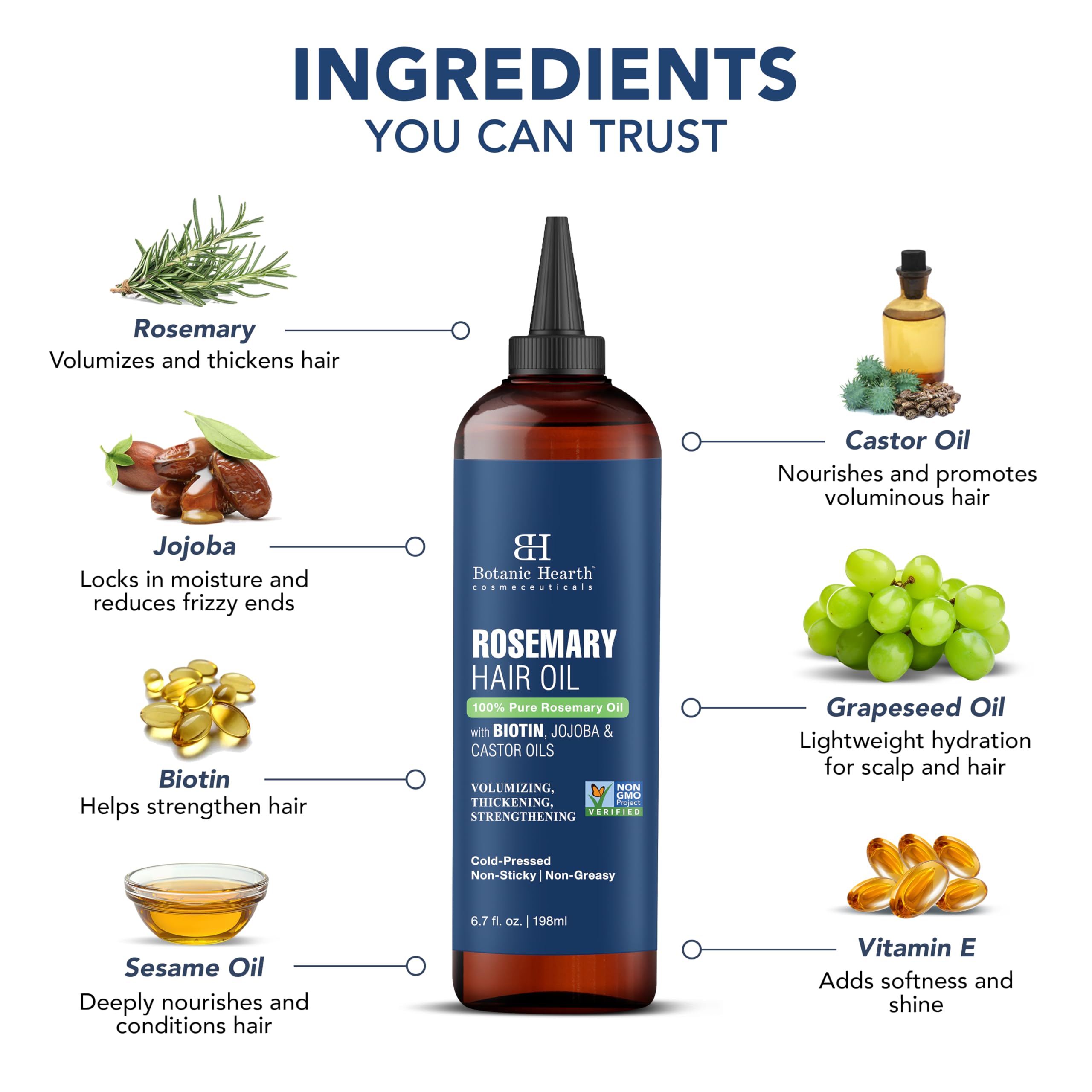 Botanic Hearth 100% Pure Rosemary Oil For Hair Growth (6.7 fl oz) Infused With Biotin, Jojoba & Castor Oil | Hair strengthening Treatment | Nourishing & Volumizing | Non GMO Verified