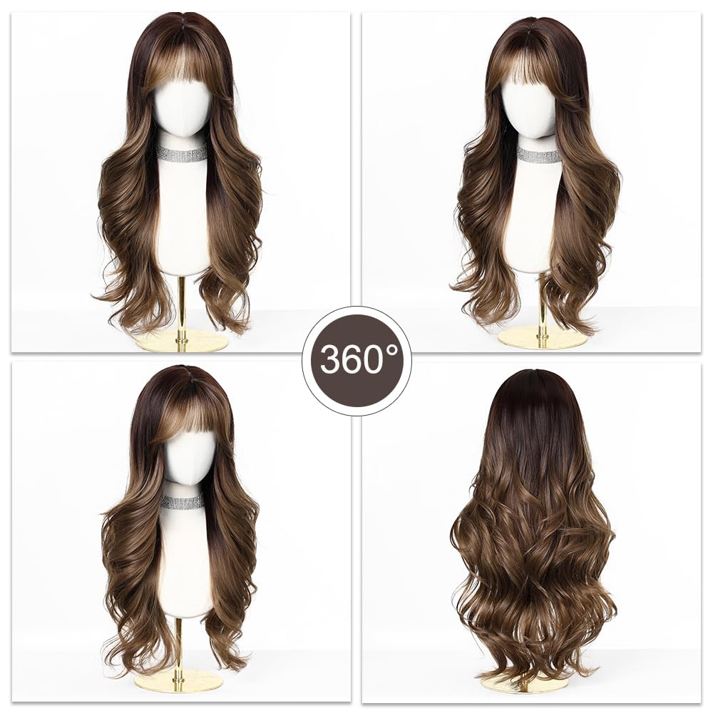 Esmee Long Wavy Brown Wigs for Women with Fringe Natural Synthetic Hair Wig for Daily & Party Use