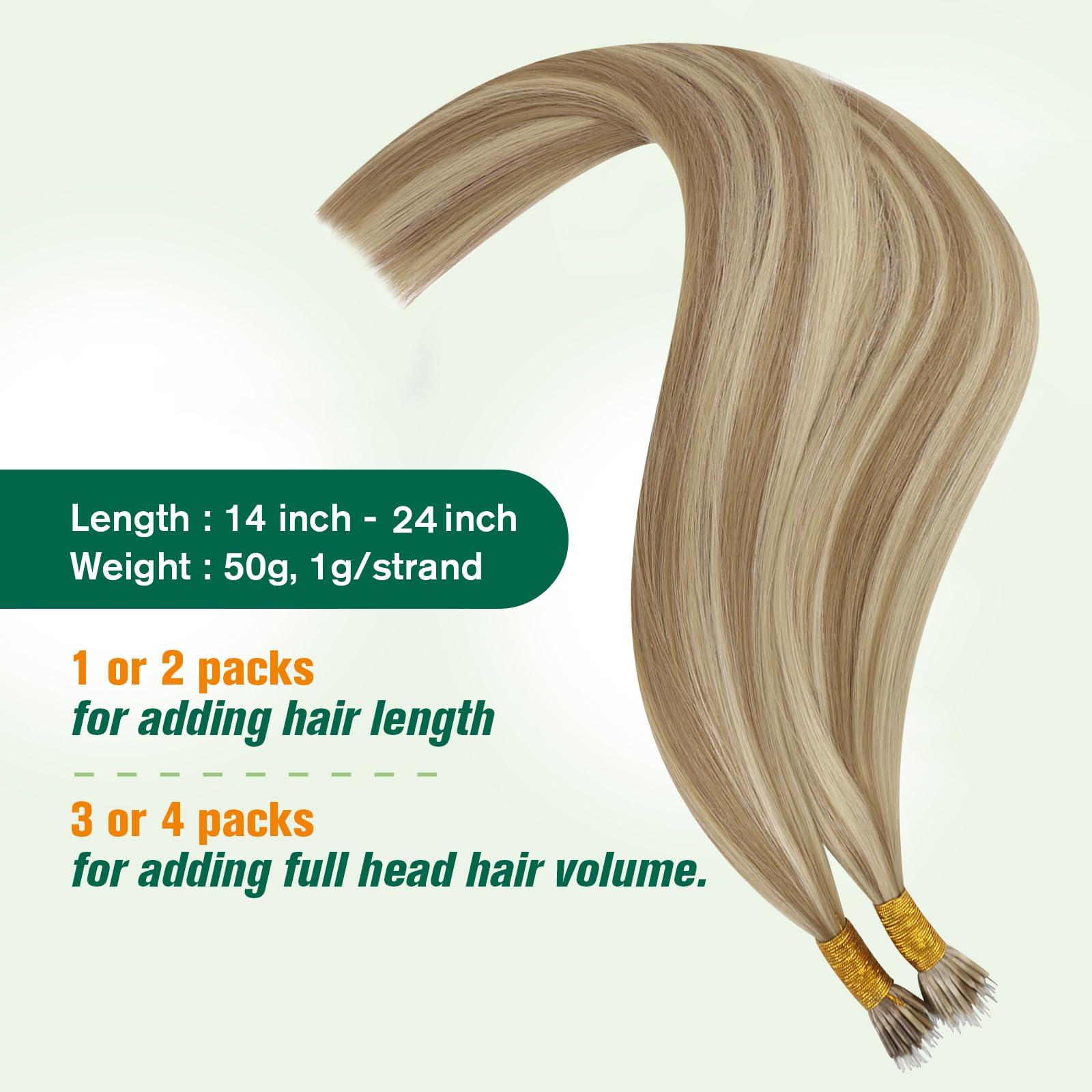 Easyouth Nano Beads Hair Extensions Blonde Highlight 18 Inch Straight Nano Beads Extensions Dark Ash Blonde Highlights Golden Blonde Bead Hair Extensions Real Hair Natural Shine 50g/50s