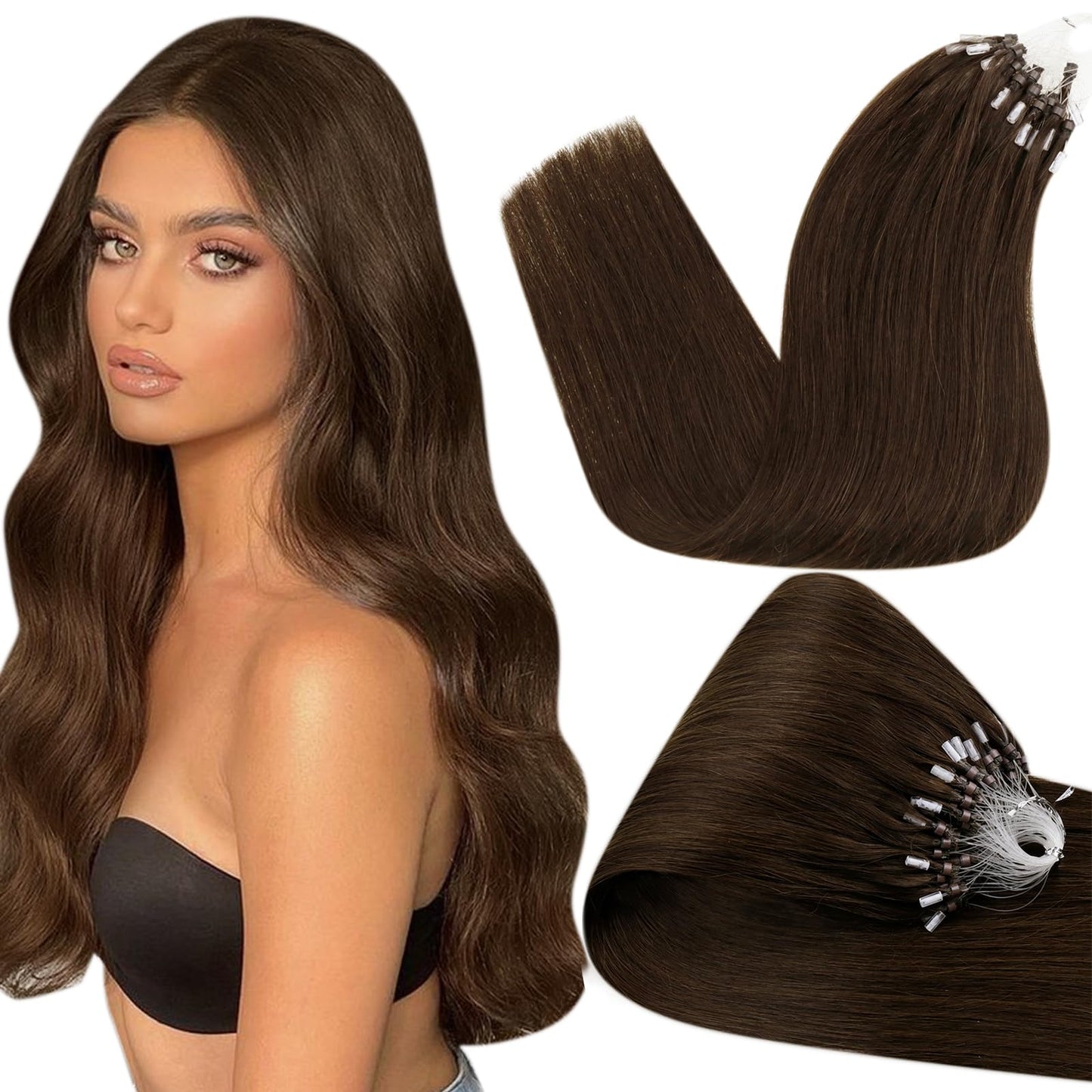 Hetto Micro Beads Hair Extensions Brown Human Hair Micro Loop Extensions #4 Brown Hair Micro Ring Extensions Silky Remy Hair Pre Bonded Micro Bead 12 Inch 40g 50 Strands