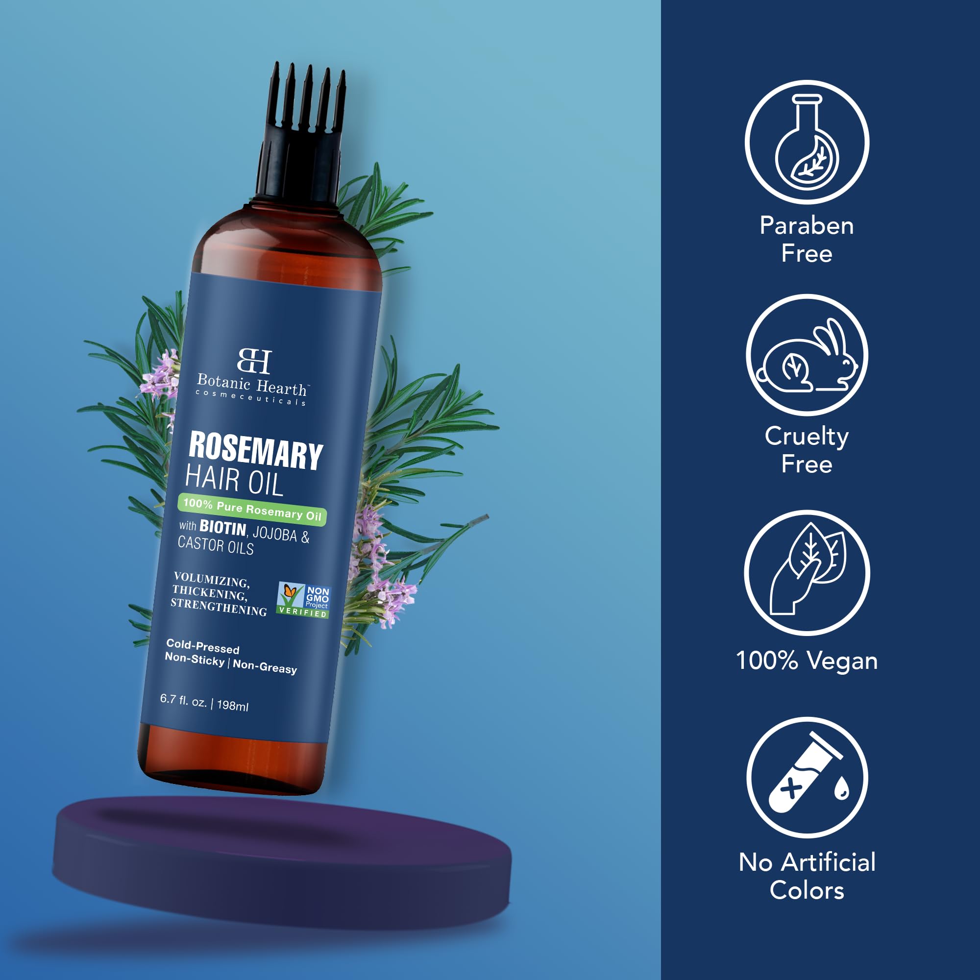 Botanic Hearth 100% Pure Rosemary Oil For Hair Growth (6.7 fl oz) Infused With Biotin, Jojoba & Castor Oil | Hair strengthening Treatment | Nourishing & Volumizing | Non GMO Verified