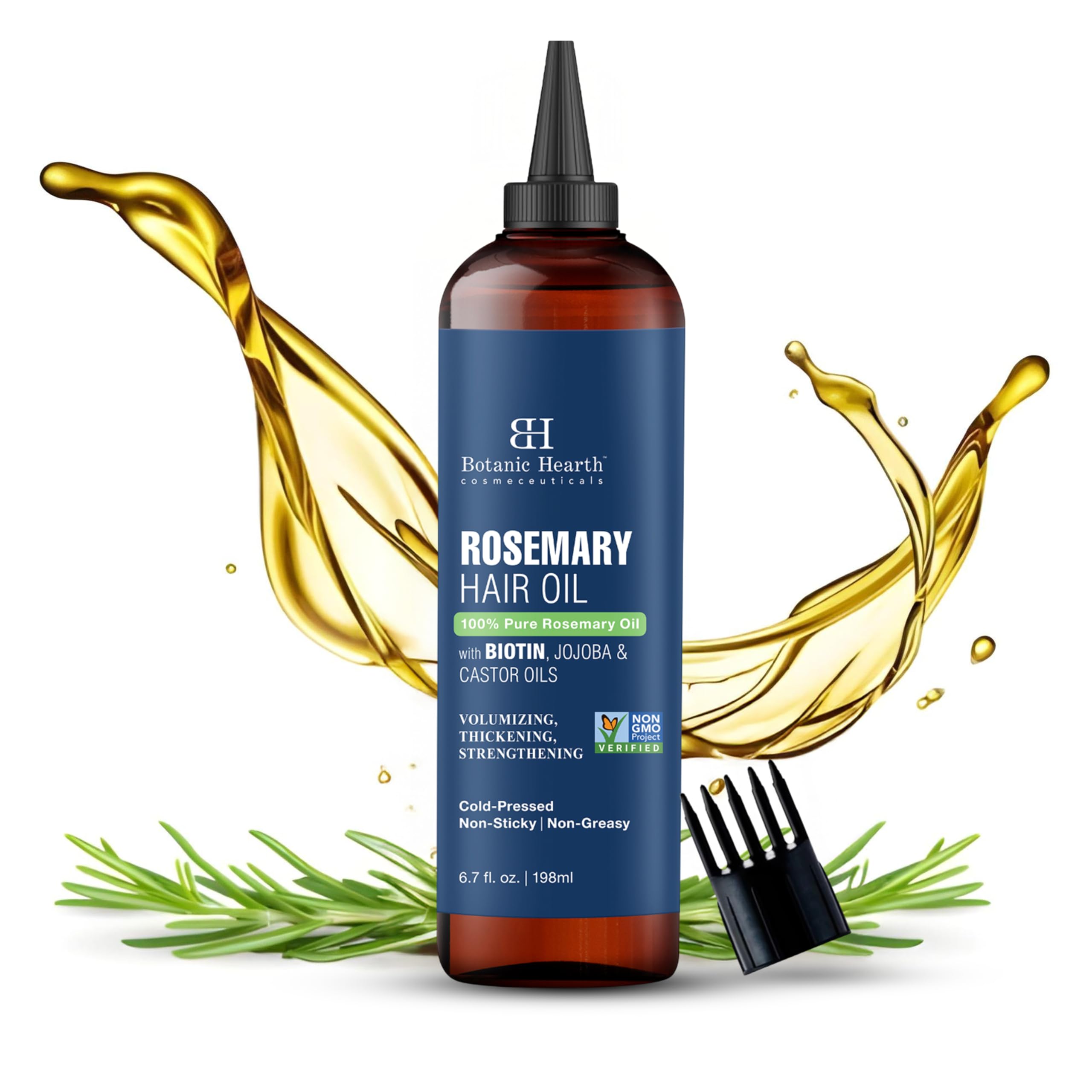 Botanic Hearth 100% Pure Rosemary Oil For Hair Growth (6.7 fl oz) Infused With Biotin, Jojoba & Castor Oil | Hair strengthening Treatment | Nourishing & Volumizing | Non GMO Verified