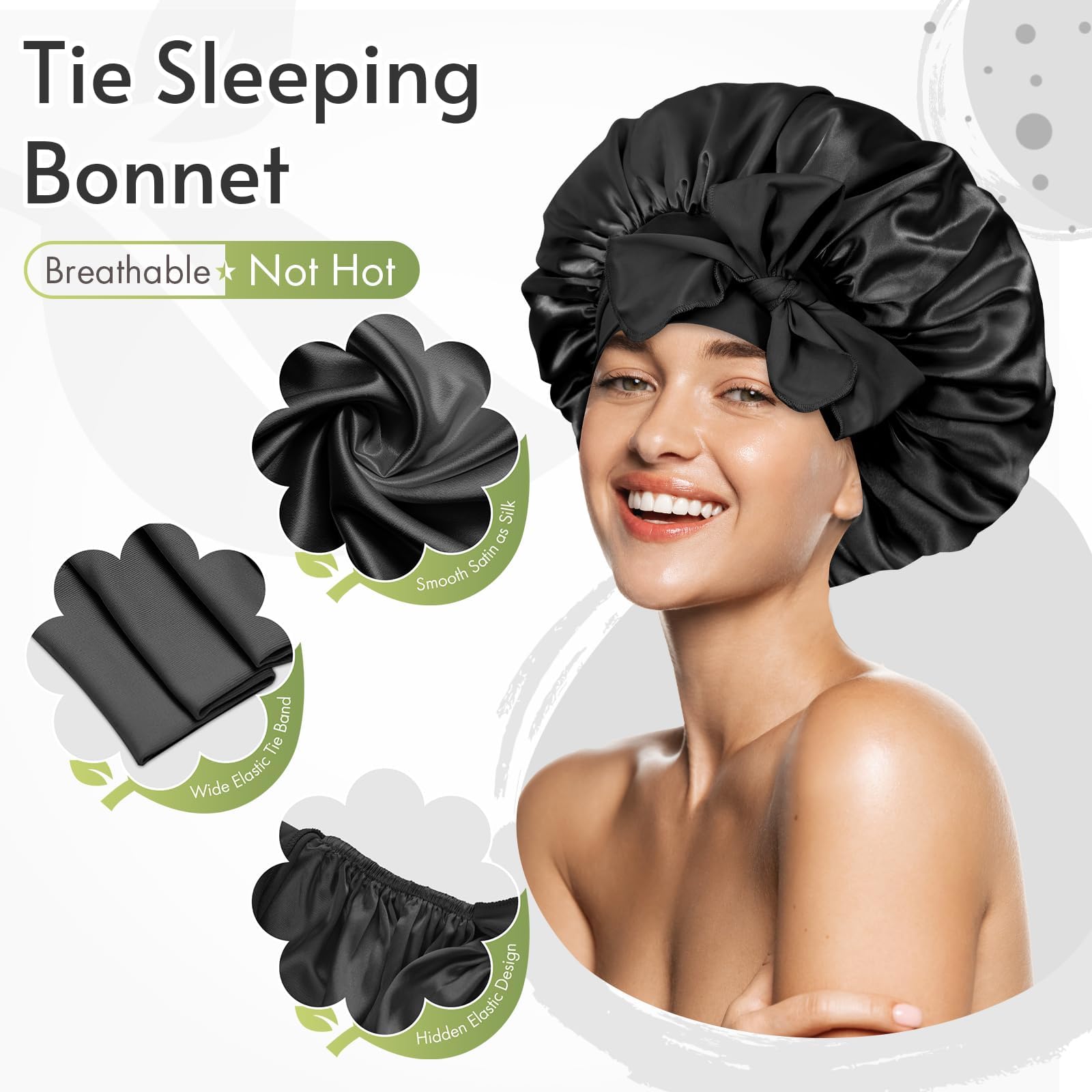 BONNET QUEEN Silk Bonnet for Sleeping Women Satin Bonnet Night Sleep Cap Scarf Wrap for Curly Hair with Tie Band,Black