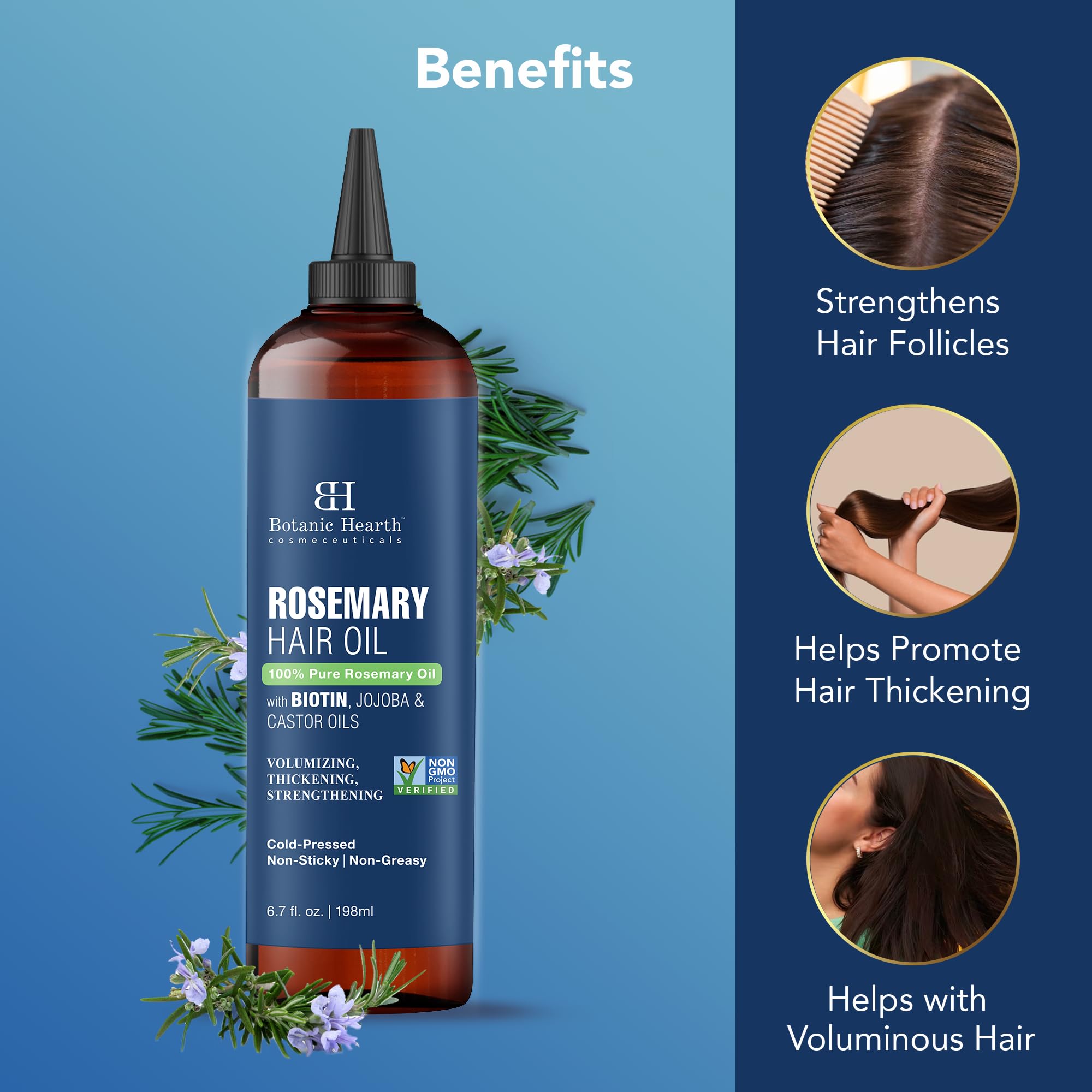 Botanic Hearth 100% Pure Rosemary Oil For Hair Growth (6.7 fl oz) Infused With Biotin, Jojoba & Castor Oil | Hair strengthening Treatment | Nourishing & Volumizing | Non GMO Verified