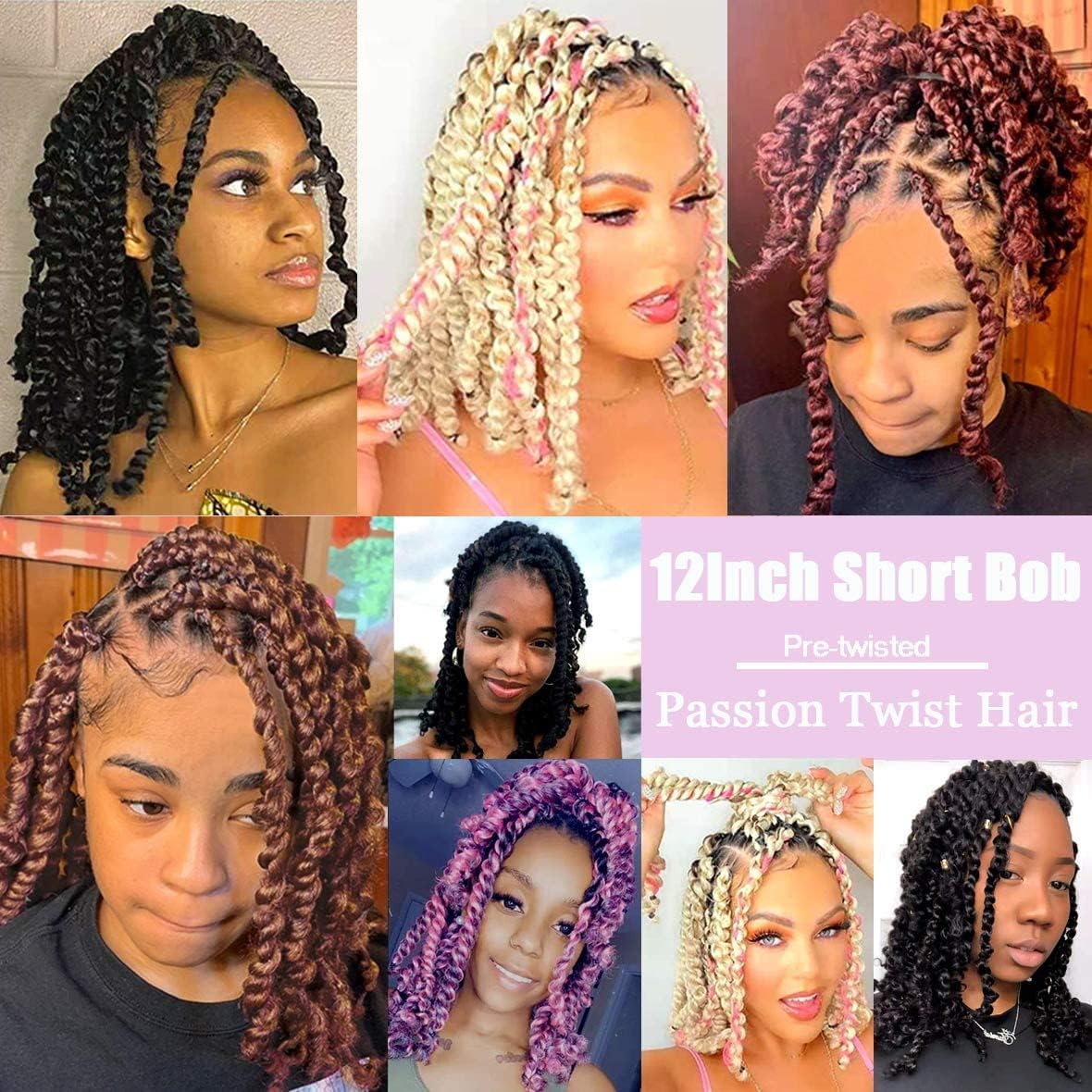 Leeven 8 Packs 12 Inch Pre Twisted Passion Twist Crochet Hair for Women Bob Water Wave Crochet Braids Hair Pre looped Curly Synthetic Bohemian Braiding Hair Extensions 12 Strands/Pack Black