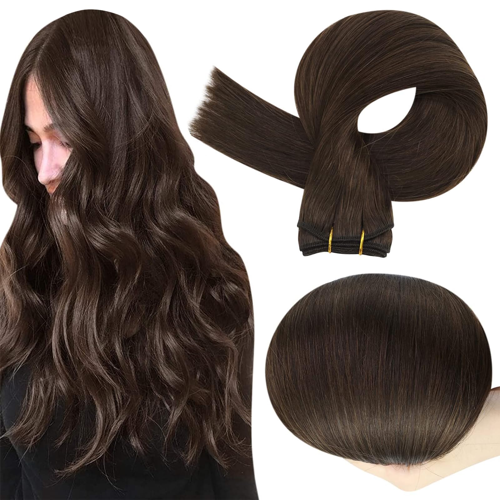 Full Shine Remy Hair Weft Extensions Sew in Hair Extensions Full Head Double Weft Human Hair Color 2 Darkest Brown Straight Sew in Hair Extensions Human Hair Bundles 105 Grams 18 Inch Soft