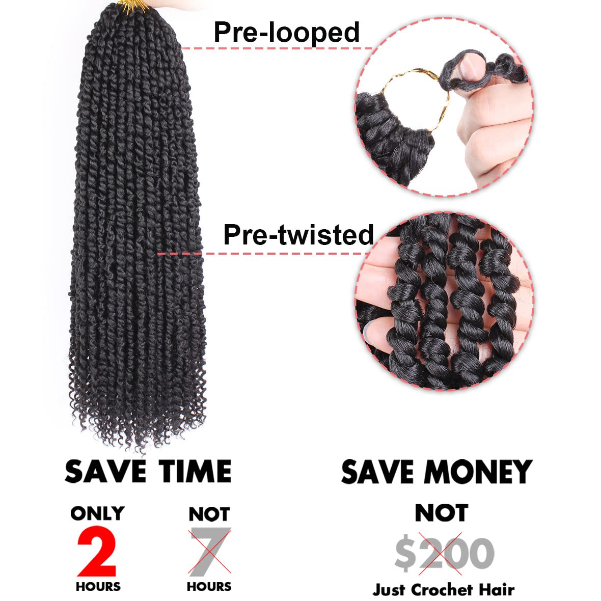 Leeven 22 Inch 8 packs Pre-twisted Passion Twist Crochet Hair 12 Roots/pack Pre-looped Crochet Braids Hair for Passion Twist Braiding Hair Natural Black Twists Hair