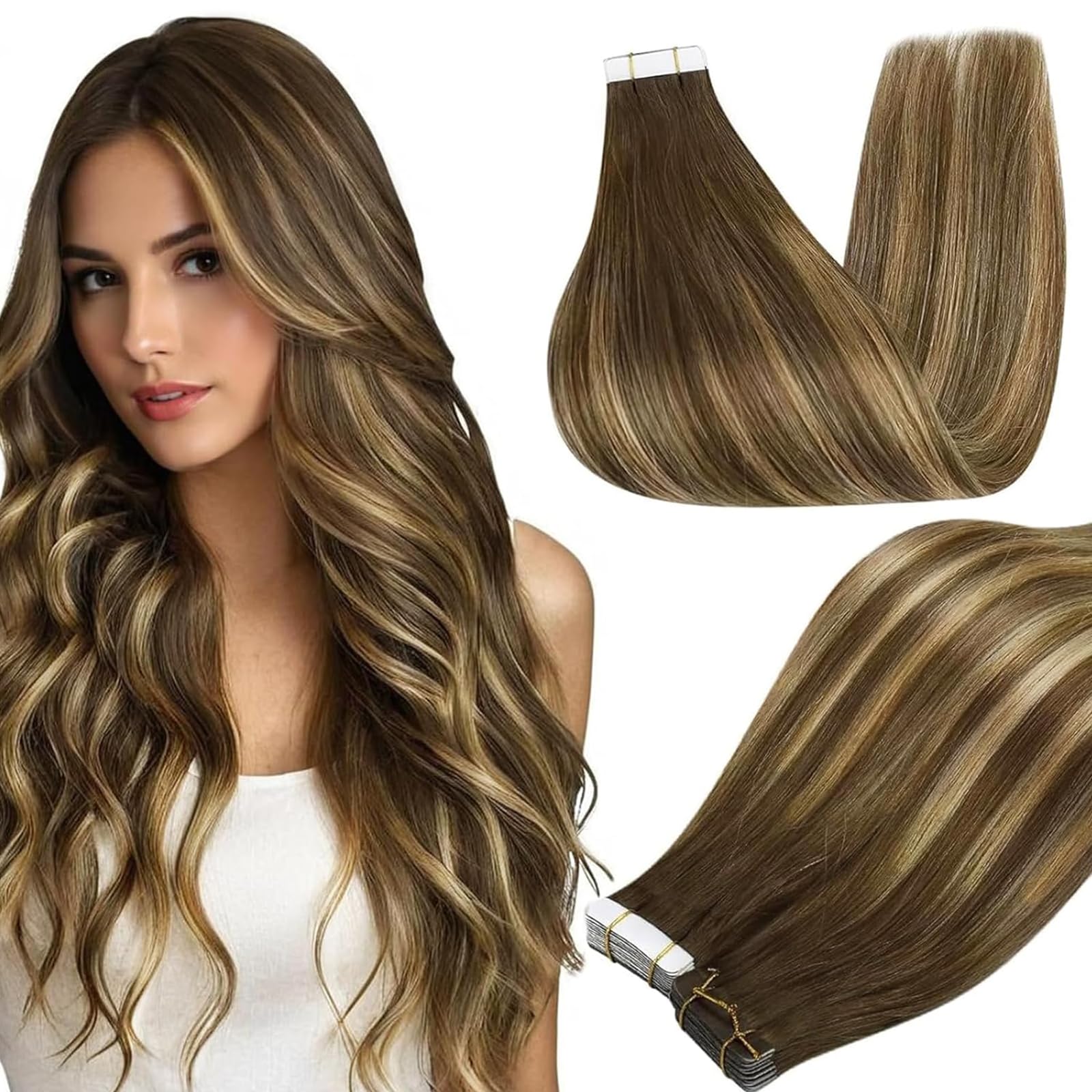Full Shine Tape in Hair Extensions Human Hair 14 Inch Double Sided Tape in Extensions Medium Brown to Light Blonde Balayage Tape in Human Hair Extensions 20 Pcs 50 Gram Skin Weft Tape Extensions