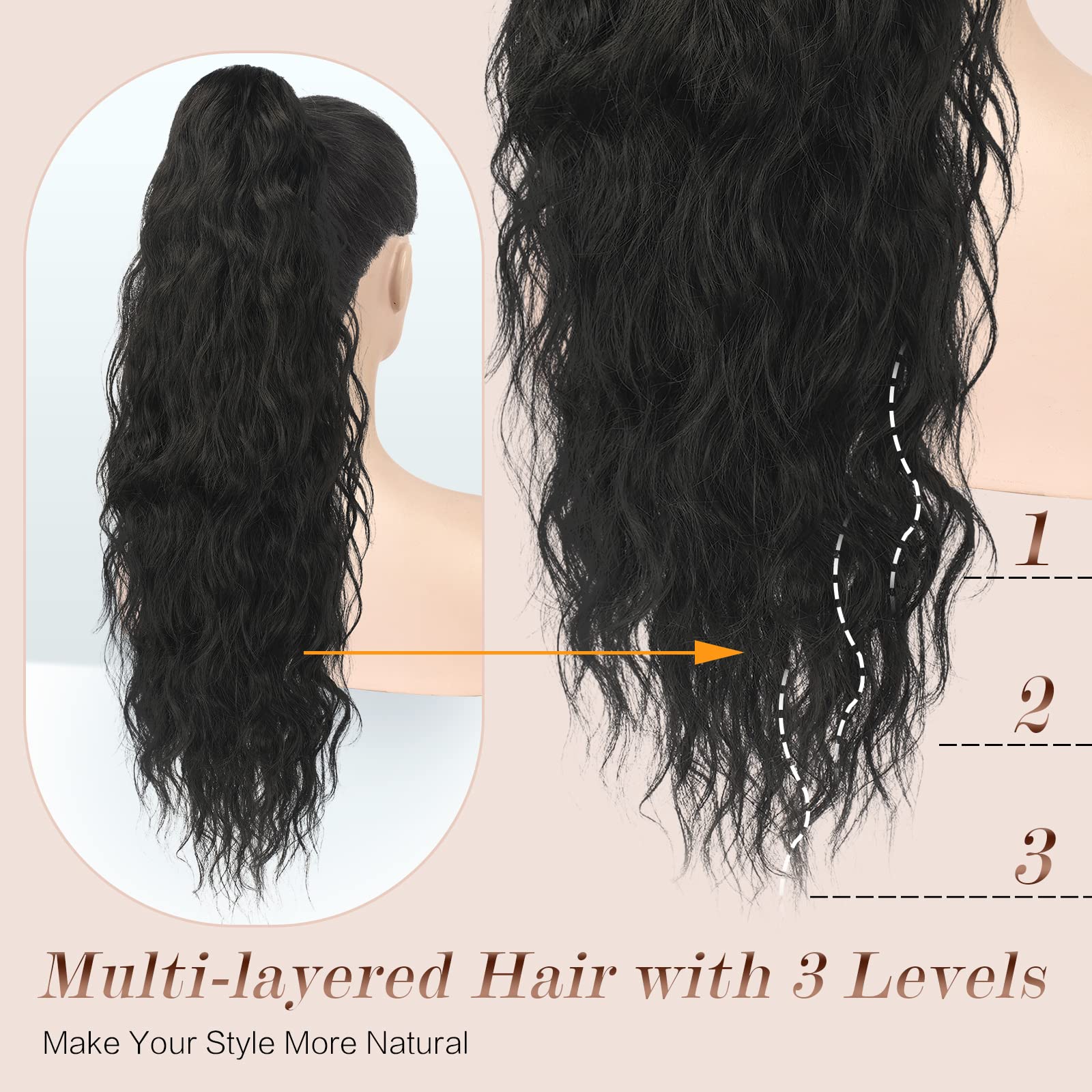 FESHFEN Long Ponytail Extensions, Drawstring Clip in Curly Wavy Hairpieces Synthetic Ponytails Hair Piece Pony Tail Extension for Women, Dark Brown 26 inch