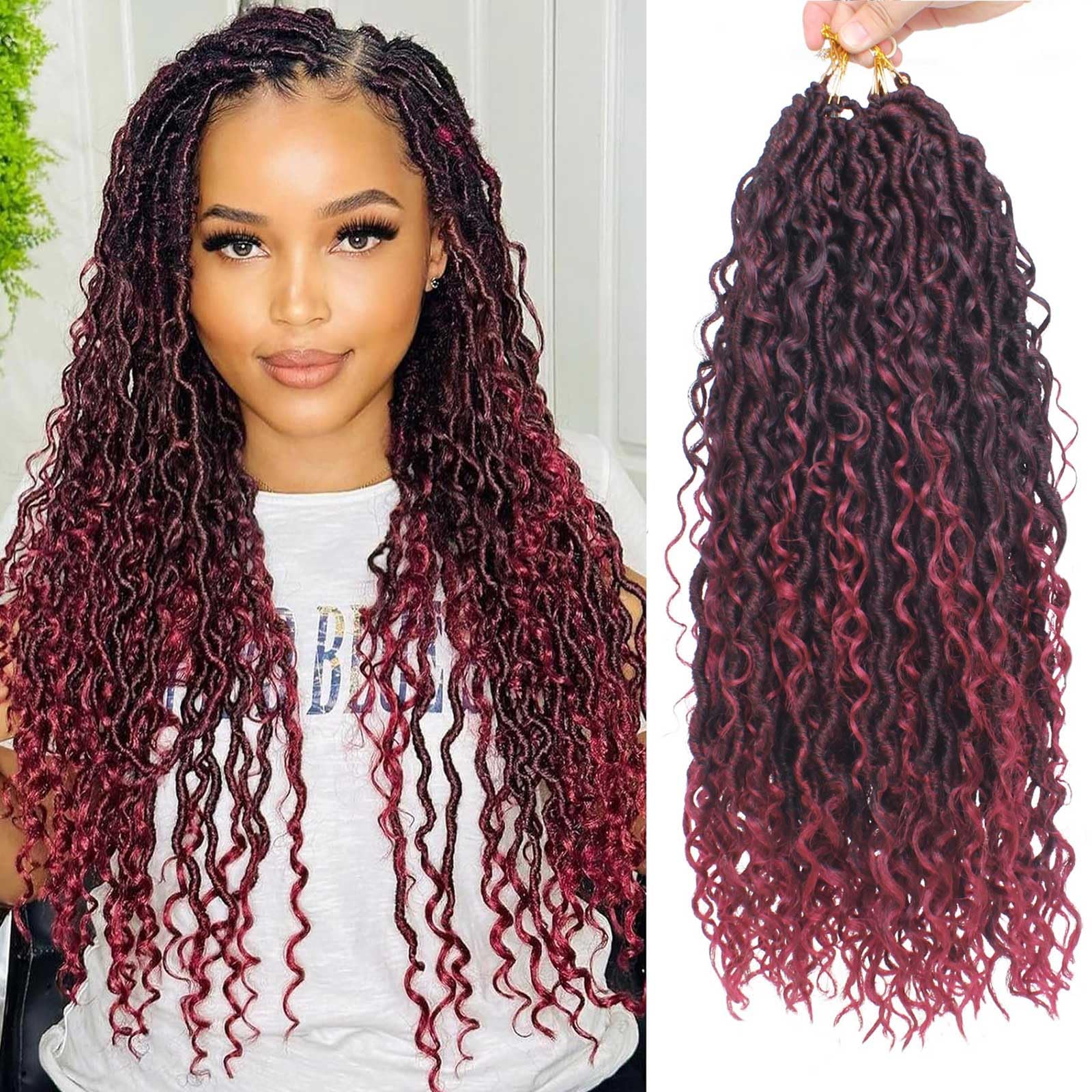 Xtrend 8packs Boho Faux Locs Crochet Hair Pre-Looped Messy River Bohemian Goddess Locs Hair Wavy Crochet Braids With Curly Hair In Middle And Ends 14Strands/pack (TBUG# 18Inch)