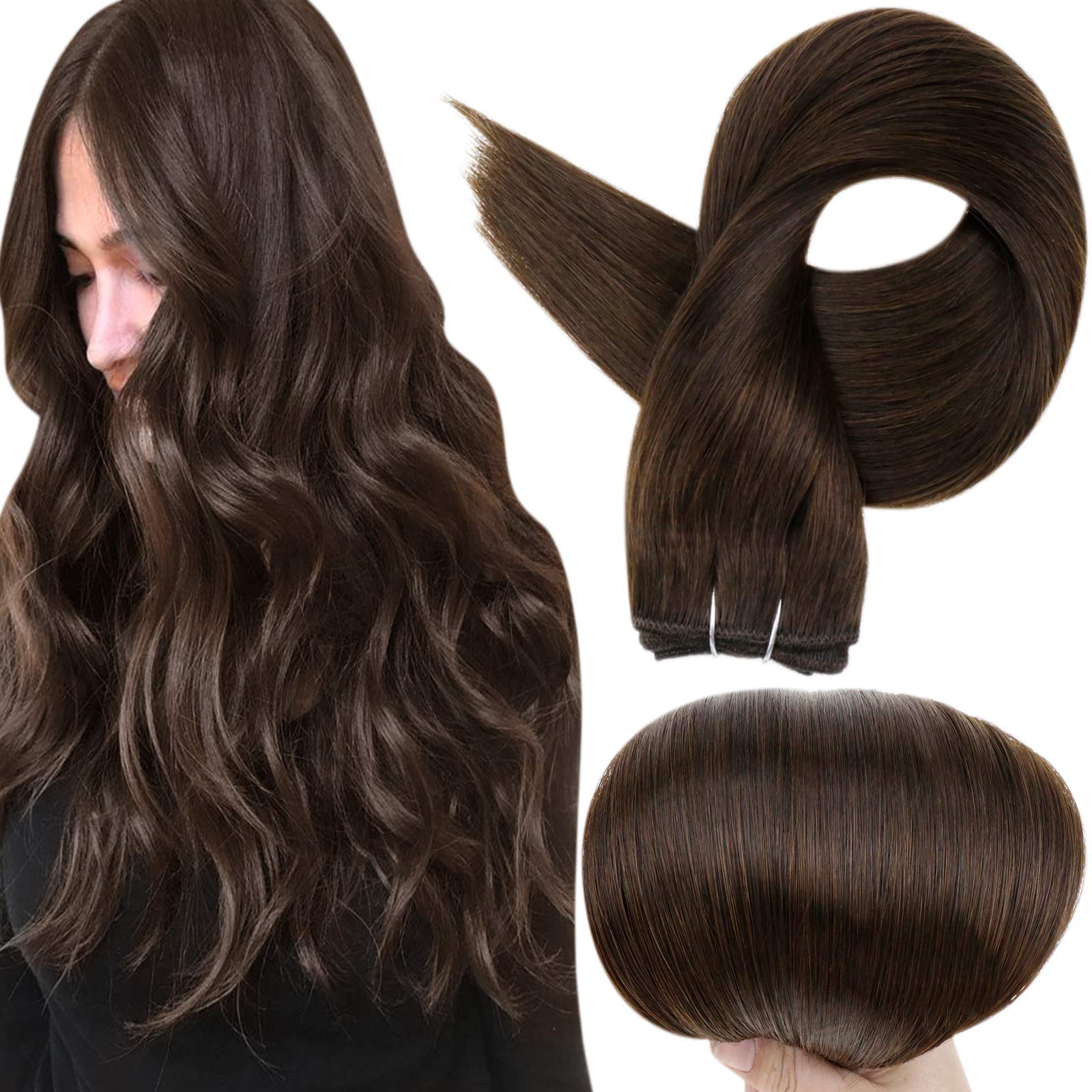 Full Shine Hair Extensions Sew in Double Weft Remy Human Hair Extensions Color 2 Darkest Brown Hair Bundles for Women 18 Inch