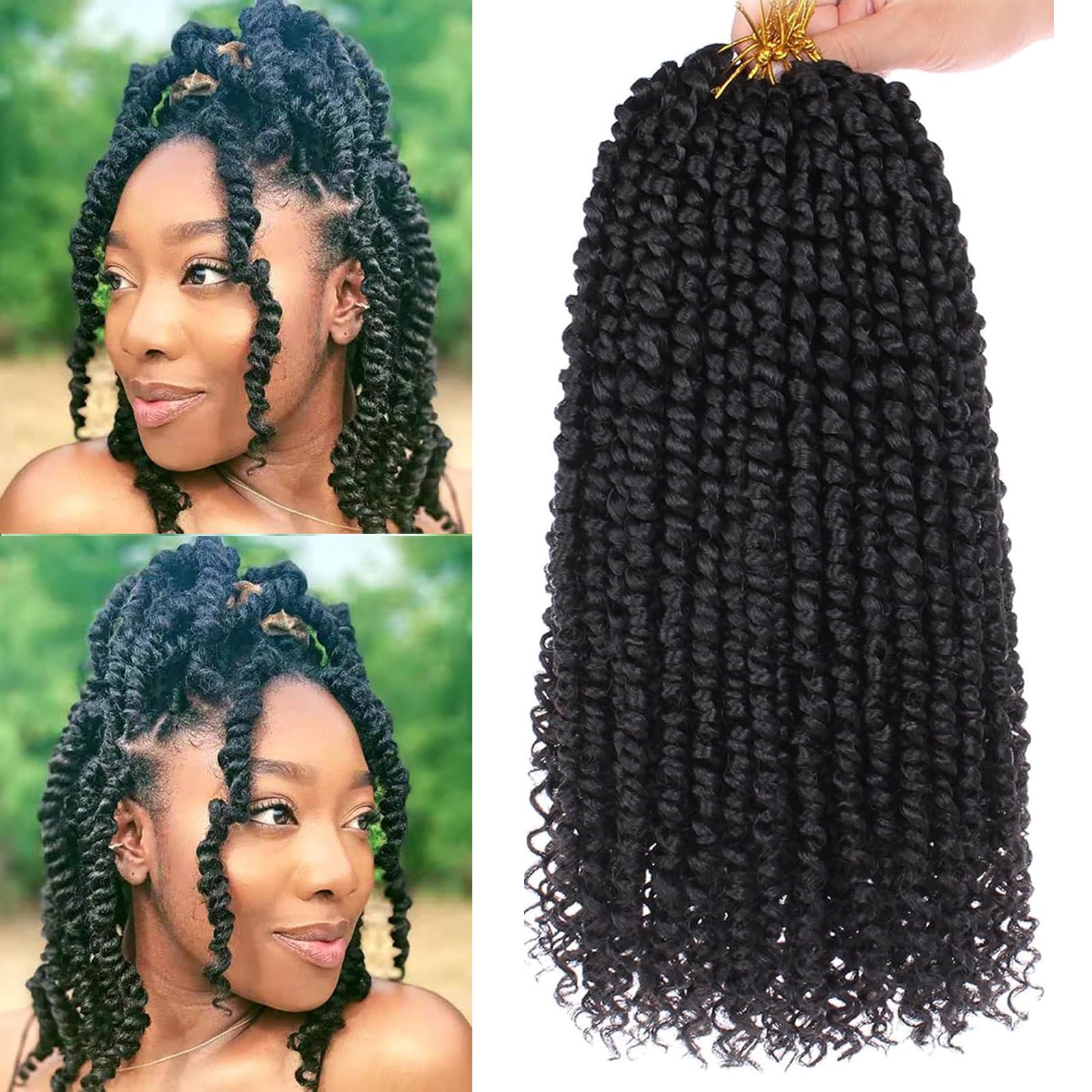 Leeven 8 Packs 12 Inch Pre Twisted Passion Twist Crochet Hair for Women Bob Water Wave Crochet Braids Hair Pre looped Curly Synthetic Bohemian Braiding Hair Extensions 12 Strands/Pack Black