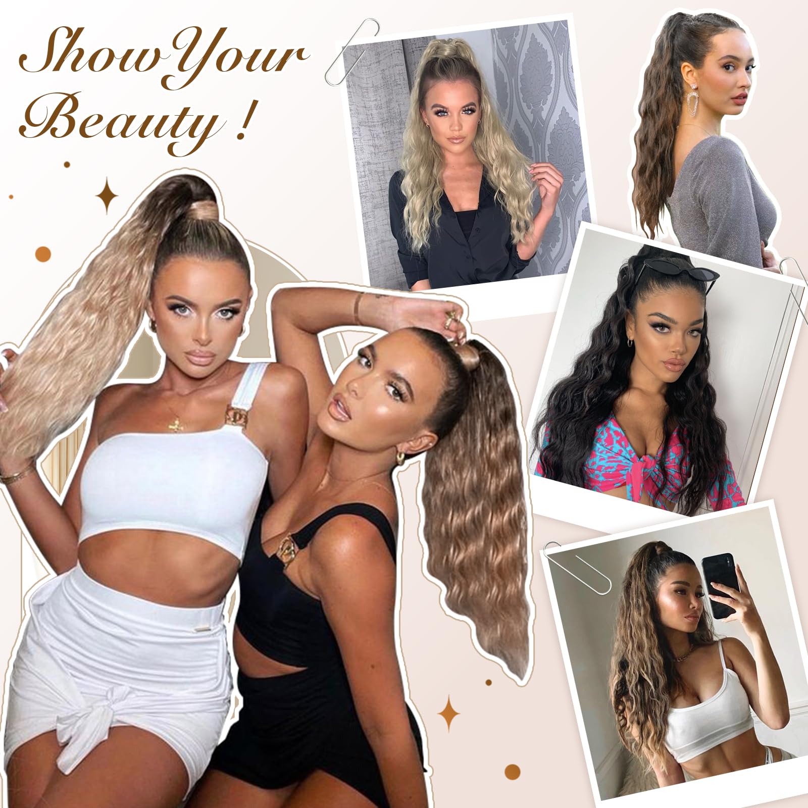 FESHFEN Long Ponytail Extensions, Drawstring Clip in Curly Wavy Hairpieces Synthetic Ponytails Hair Piece Pony Tail Extension for Women, Dark Brown 26 inch