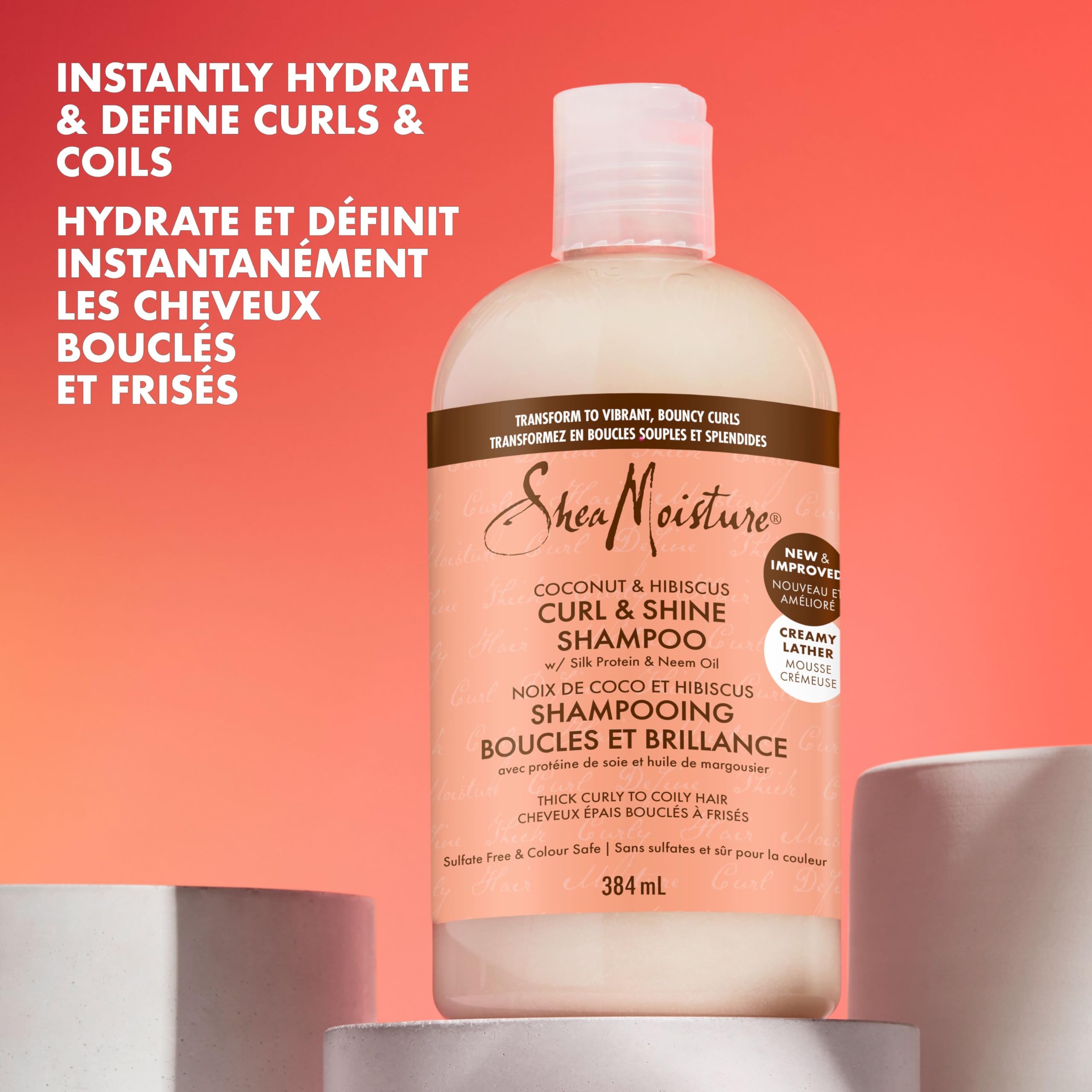 Shea Moisture Coconut & Hibiscus Curl & Shine Shampoo with Silk Protein and Neem Oil, Cleanse and Hydrate, Thick & Curly Hair 384ml