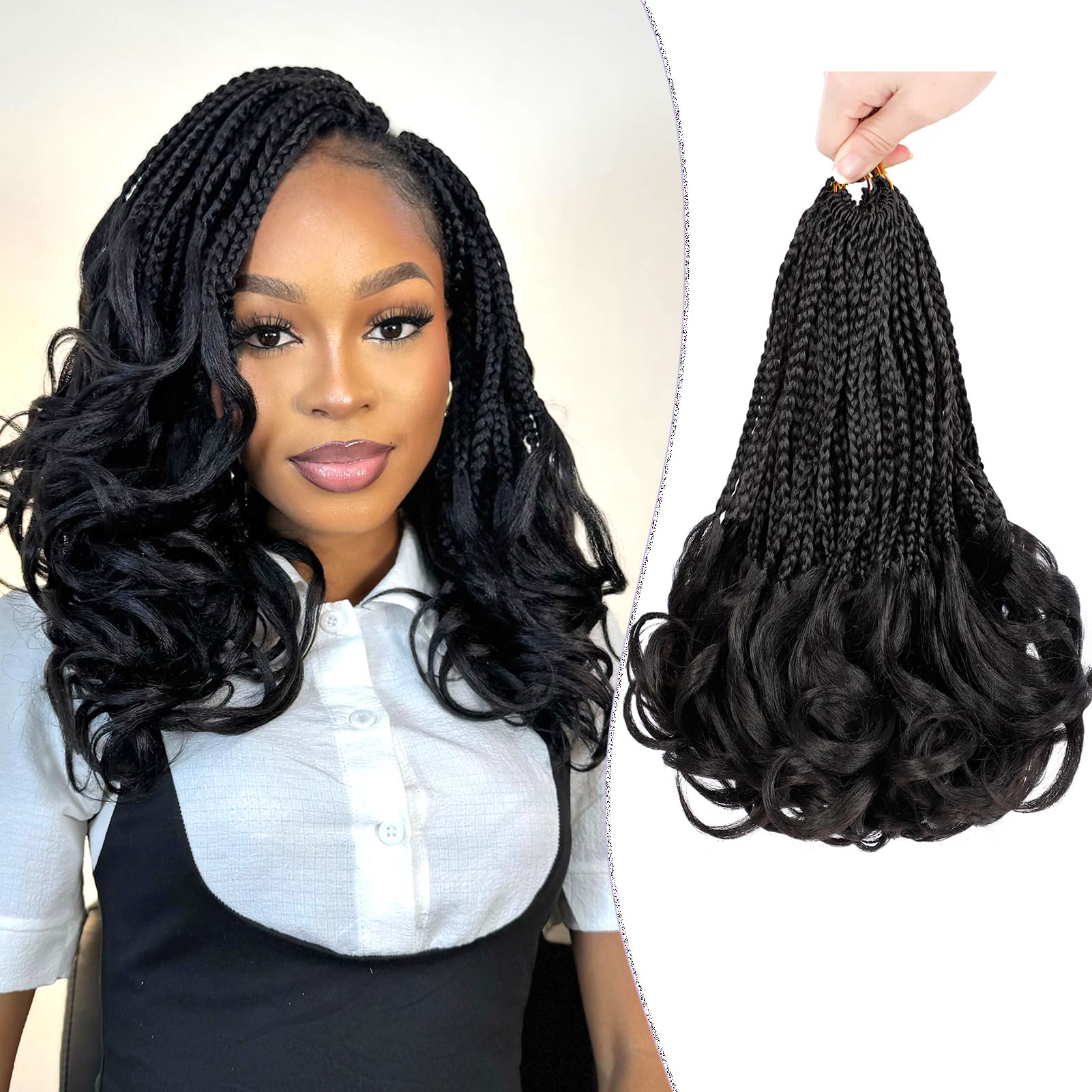 French Curl Crochet Braids 12 Inch Goddess Box Braids Crochet Hair 8 Packs Pre Looped Crochet Box Braids with Curly Ends Synthetic French Curly Braiding Hair Extensions 1B#